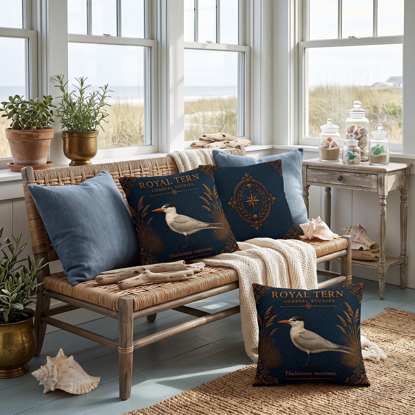 Royal Tern Coastal Pillow, Nautical Throw Pillow, Navy Coastal Cushion, Beach House & Lake House Decor, Coastal Grandma Style