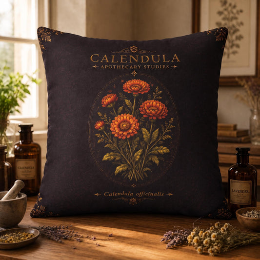 Calendula Apothecary Pillow, Botanical Throw Pillow, Cottagecore Cushion, Dark Academia Decor, Herbal Home Accent