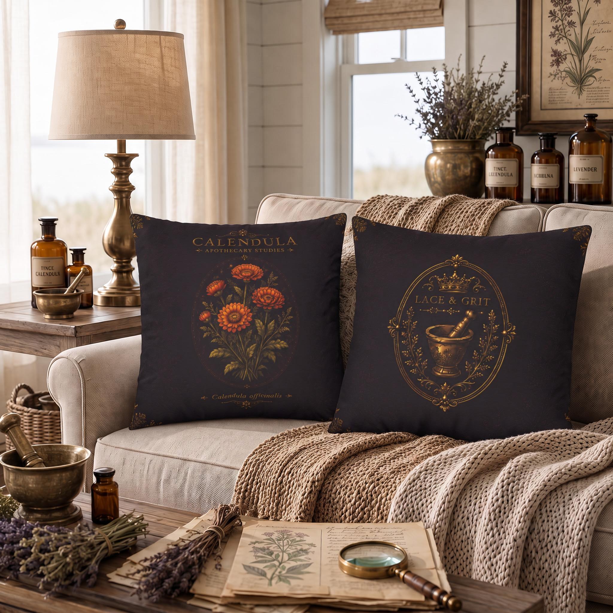 Calendula Apothecary Pillow, Botanical Throw Pillow, Cottagecore Cushion, Dark Academia Decor, Herbal Home Accent