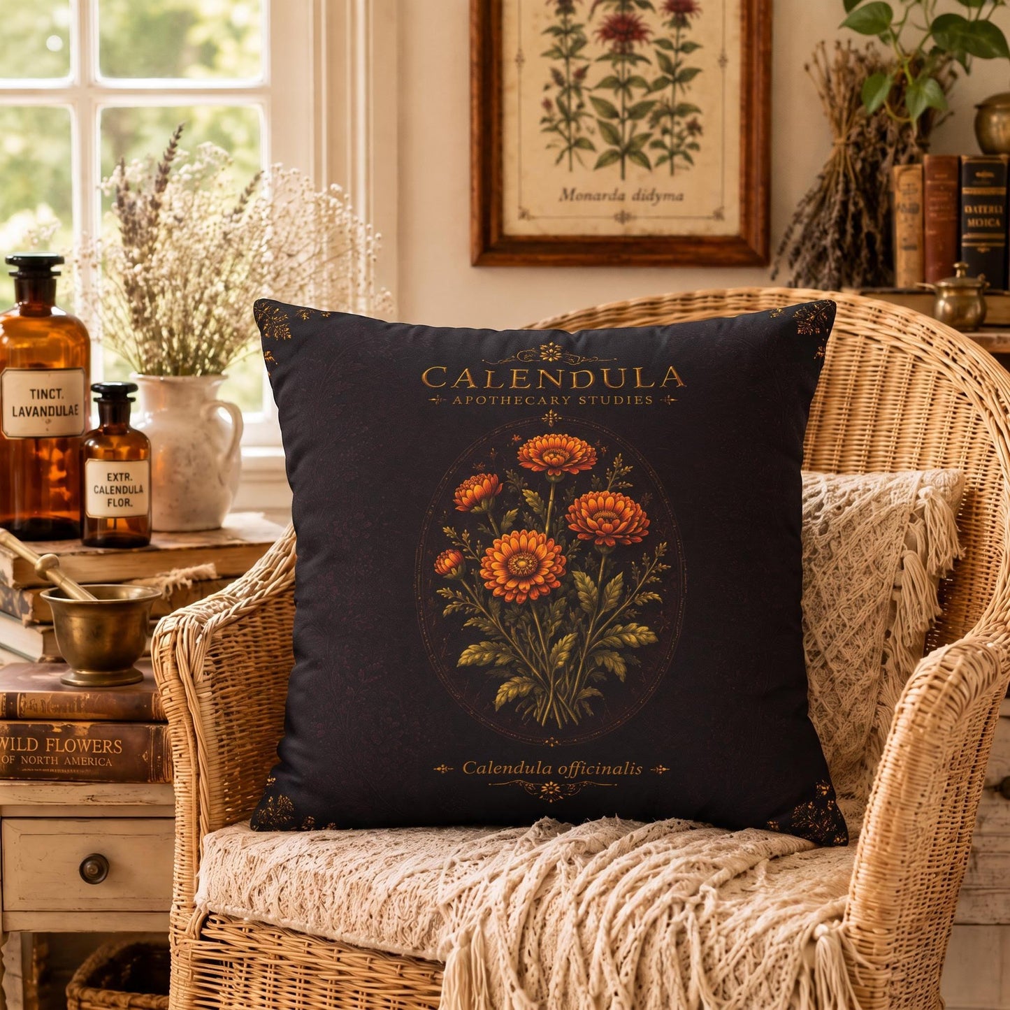 Calendula Apothecary Pillow, Botanical Throw Pillow, Cottagecore Cushion, Dark Academia Decor, Herbal Home Accent