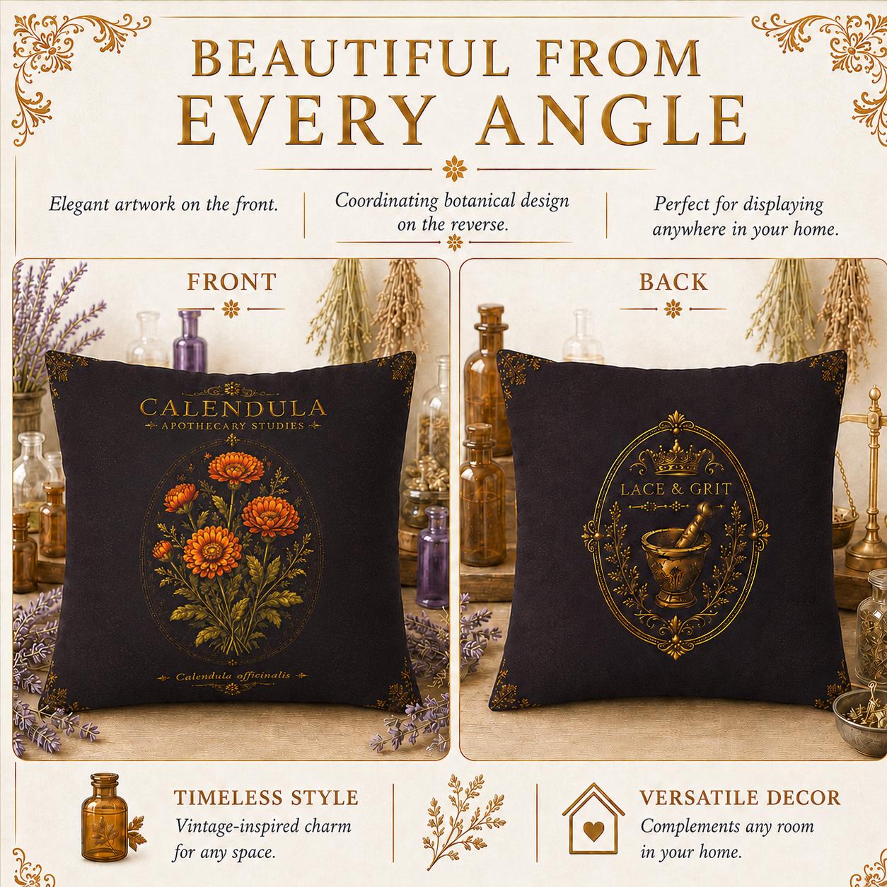 Calendula Apothecary Pillow, Botanical Throw Pillow, Cottagecore Cushion, Dark Academia Decor, Herbal Home Accent