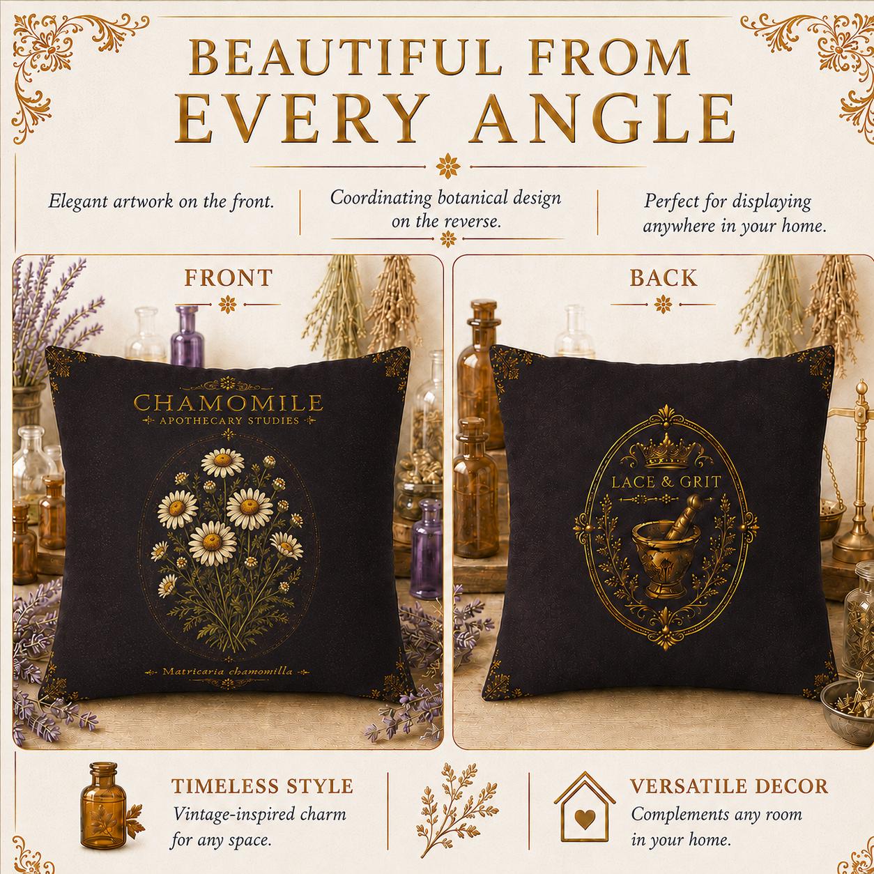 Chamomile Apothecary Pillow, Botanical Throw Pillow, Cottagecore Cushion, Dark Academia Decor, Herbal Home Accent