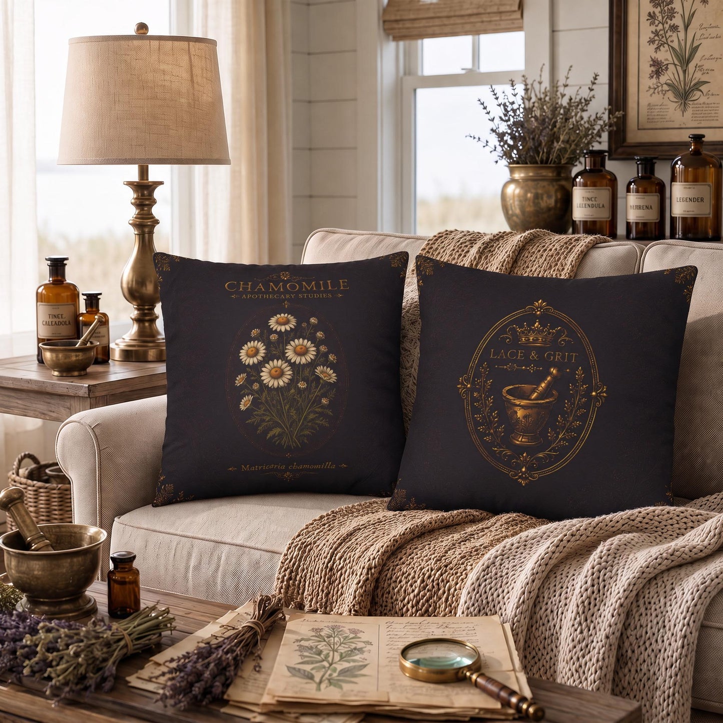 Chamomile Apothecary Pillow, Botanical Throw Pillow, Cottagecore Cushion, Dark Academia Decor, Herbal Home Accent