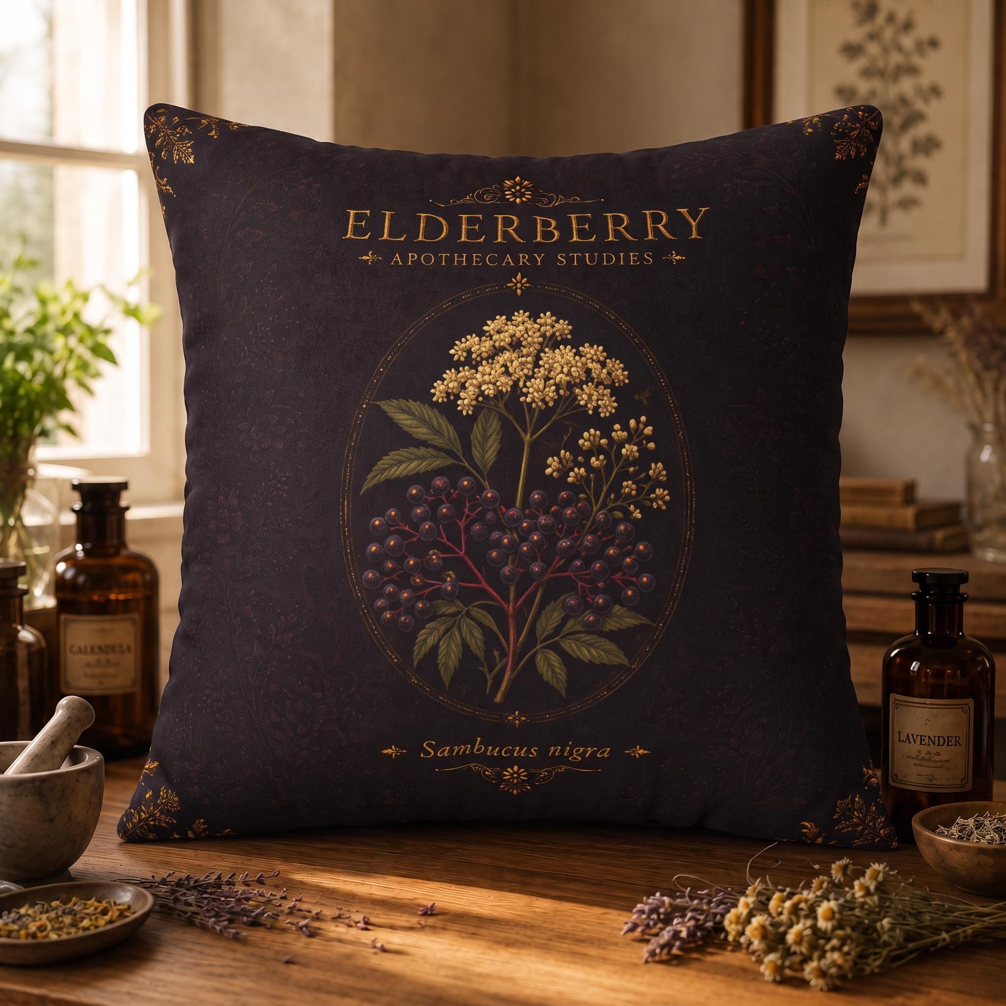 Elderberry Apothecary Studies Faux Suede Pillow, Vintage Herbal Home Decor (Cover or Insert)