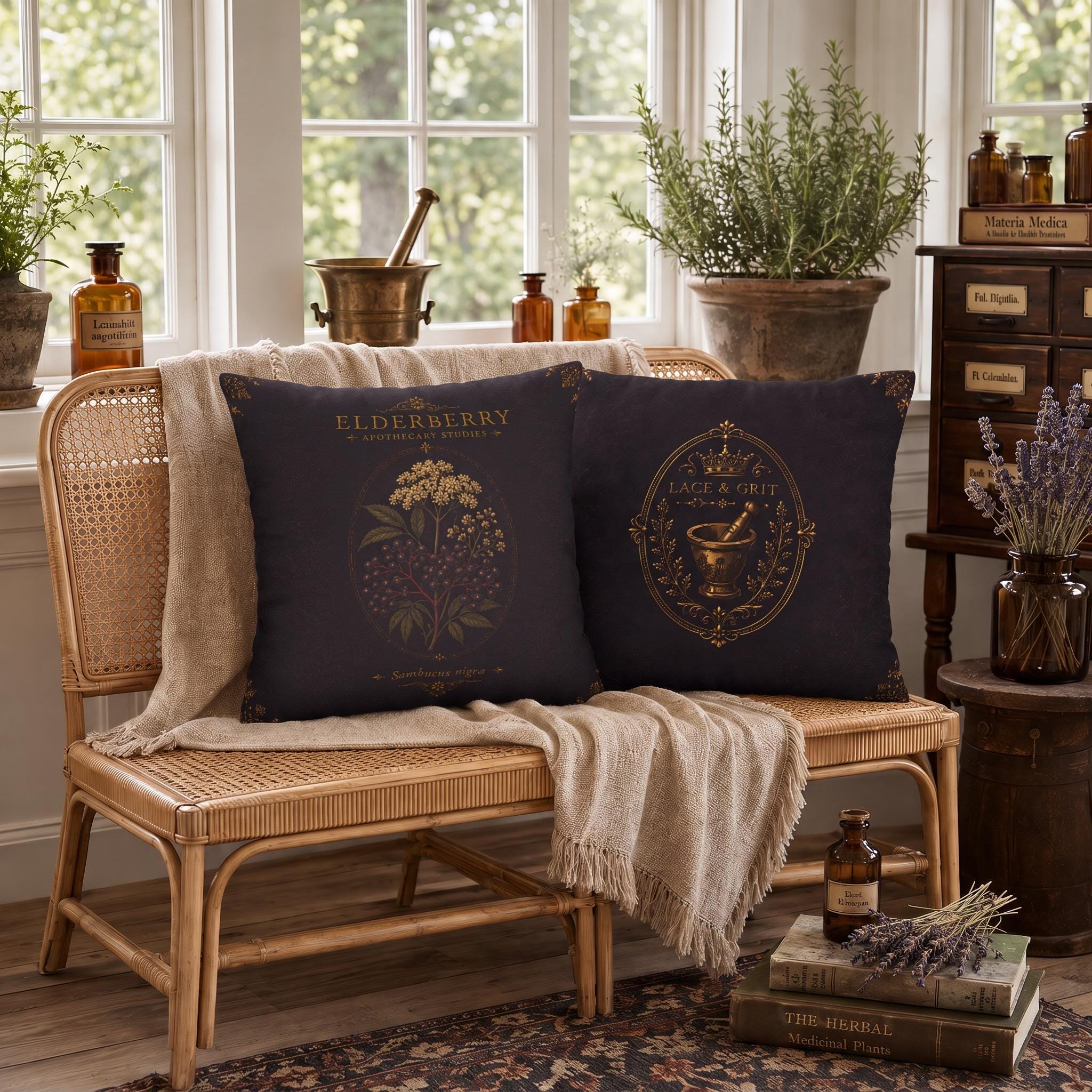 Elderberry Apothecary Studies Faux Suede Pillow, Vintage Herbal Home Decor (Cover or Insert)