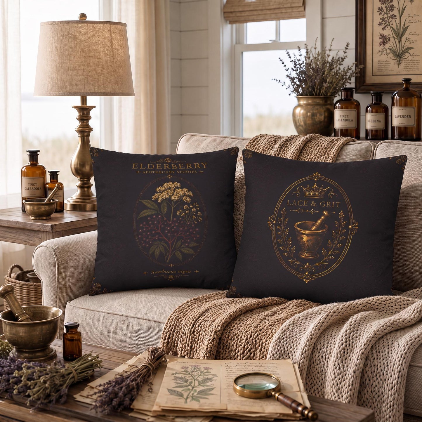 Elderberry Apothecary Studies Faux Suede Pillow, Vintage Herbal Home Decor (Cover or Insert)