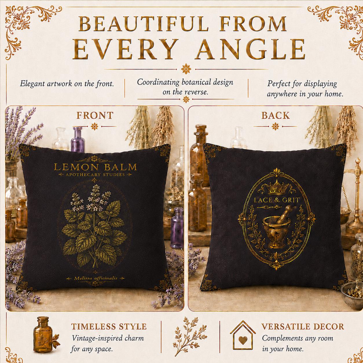 Lemon Balm Apothecary Studies Faux Suede Pillow, Vintage Herbal Home Decor (Cover or Insert)