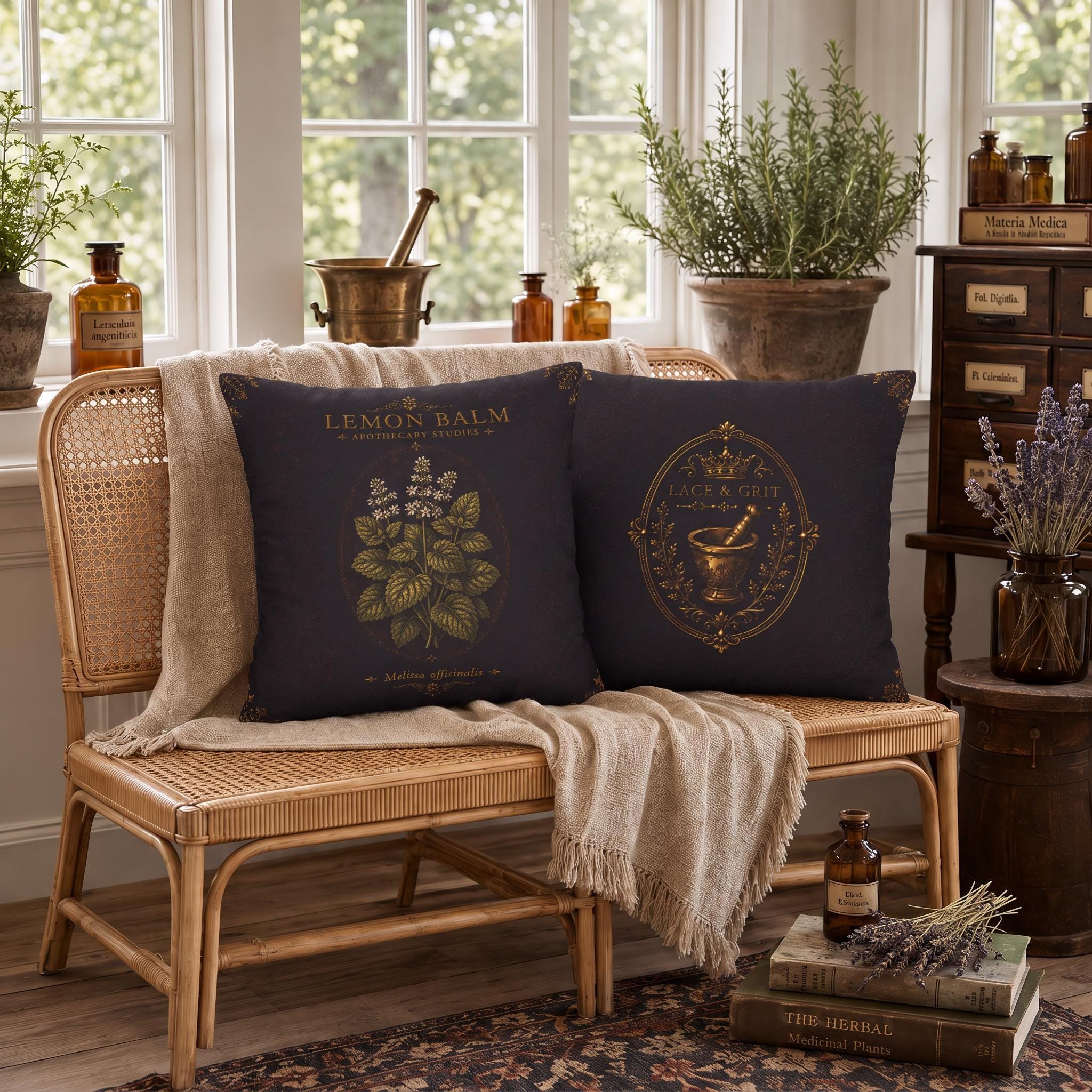 Lemon Balm Apothecary Studies Faux Suede Pillow, Vintage Herbal Home Decor (Cover or Insert)