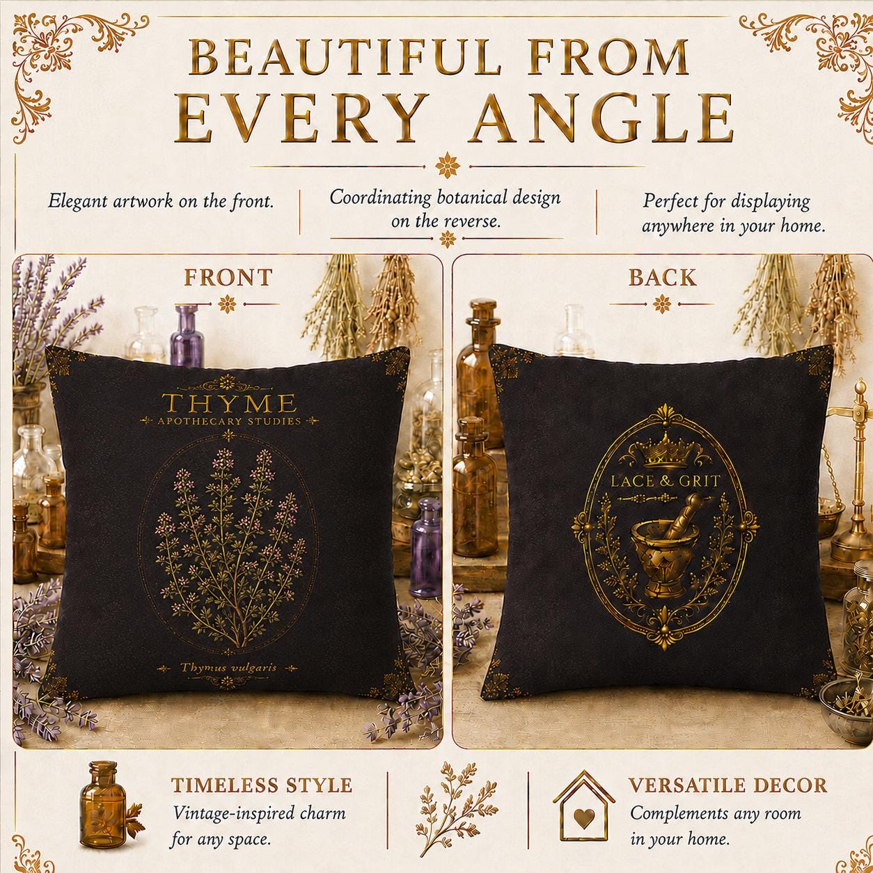 Thyme Apothecary Studies Faux Suede Pillow, Vintage Herbal Home Decor (Cover or Insert)