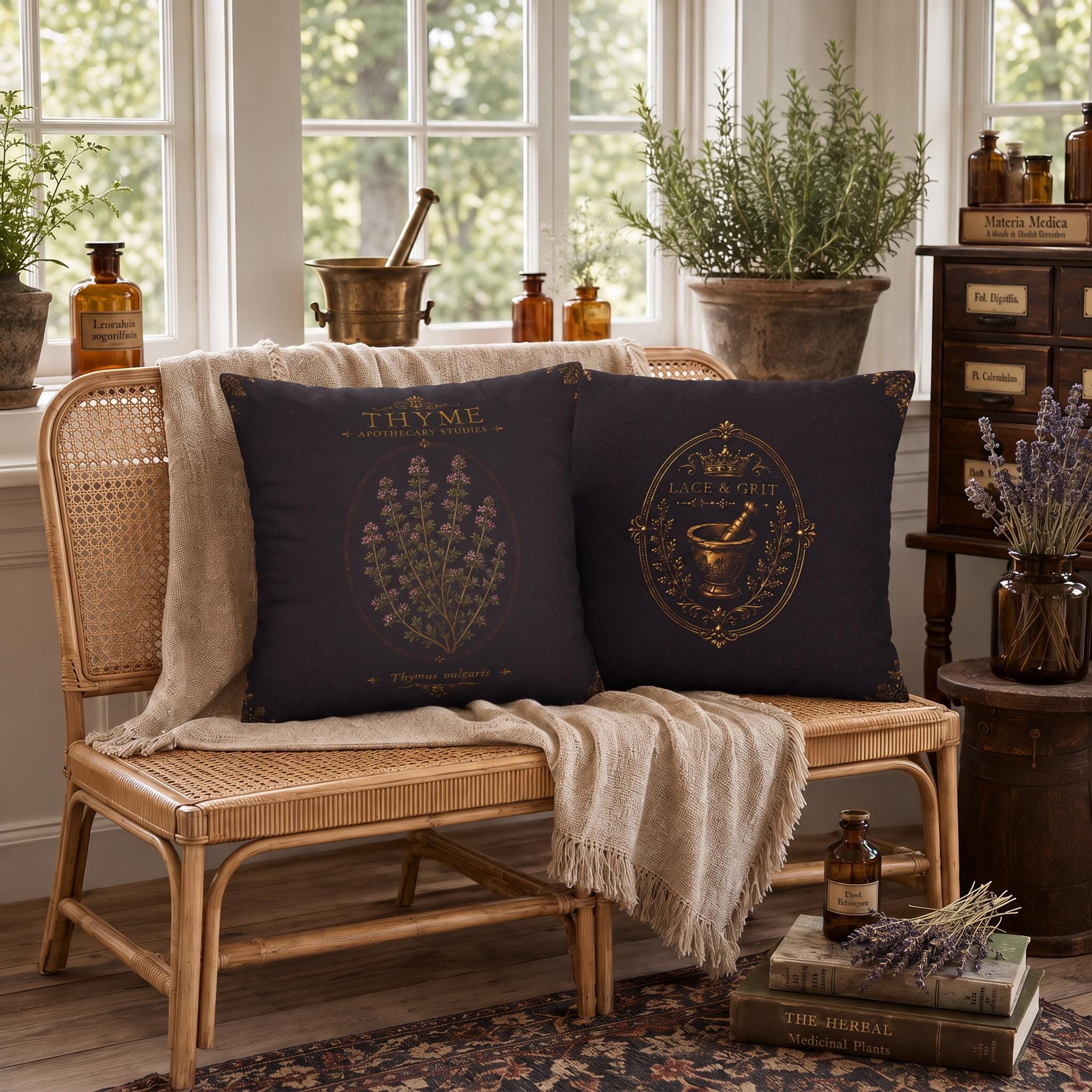 Thyme Apothecary Studies Faux Suede Pillow, Vintage Herbal Home Decor (Cover or Insert)