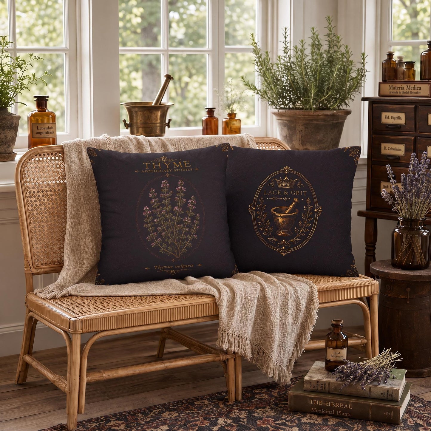 Thyme Apothecary Studies Faux Suede Pillow, Vintage Herbal Home Decor (Cover or Insert)