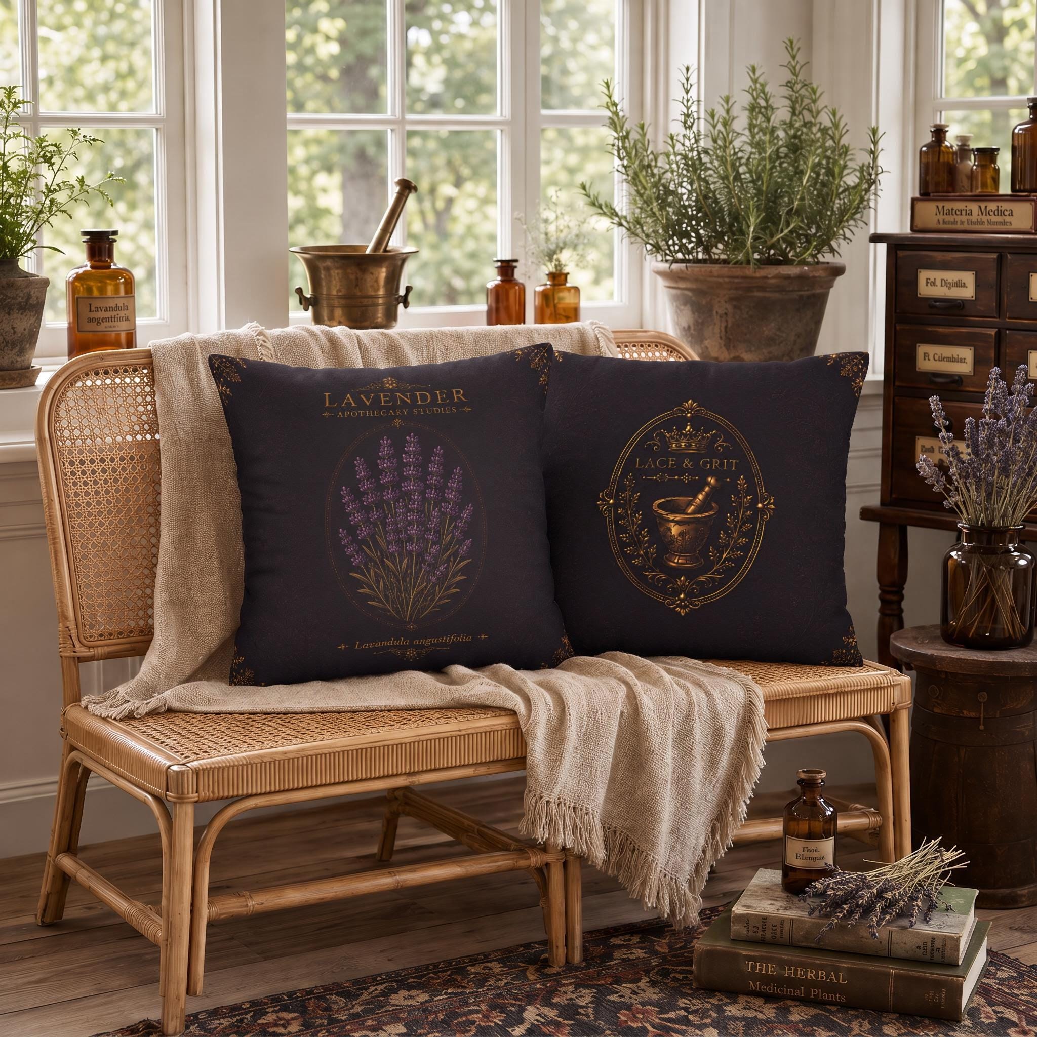 Lavender Apothecary Pillow, Botanical Throw Pillow, Cottagecore Cushion, Dark Academia Decor, Herbal Home Accent
