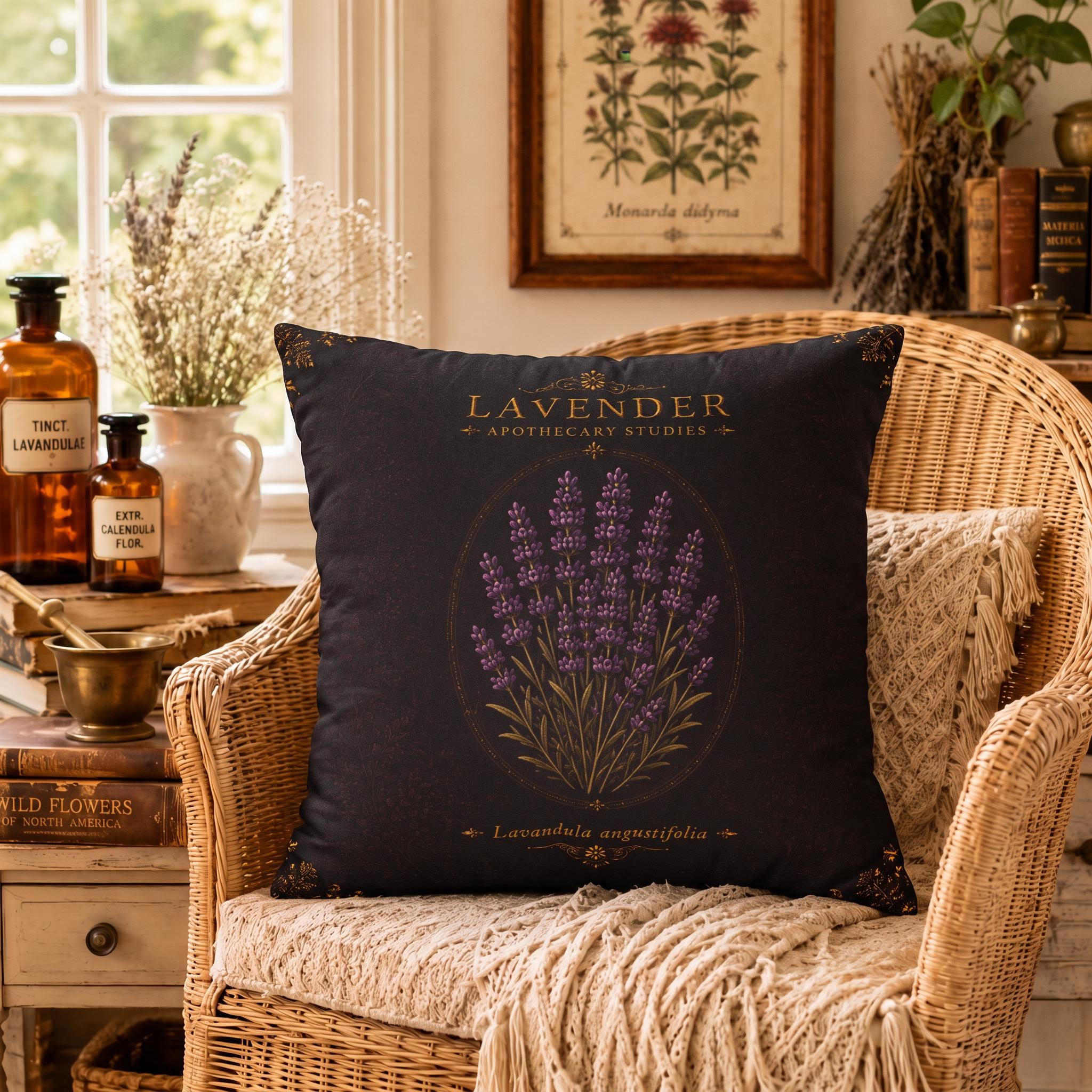 Lavender Apothecary Pillow, Botanical Throw Pillow, Cottagecore Cushion, Dark Academia Decor, Herbal Home Accent