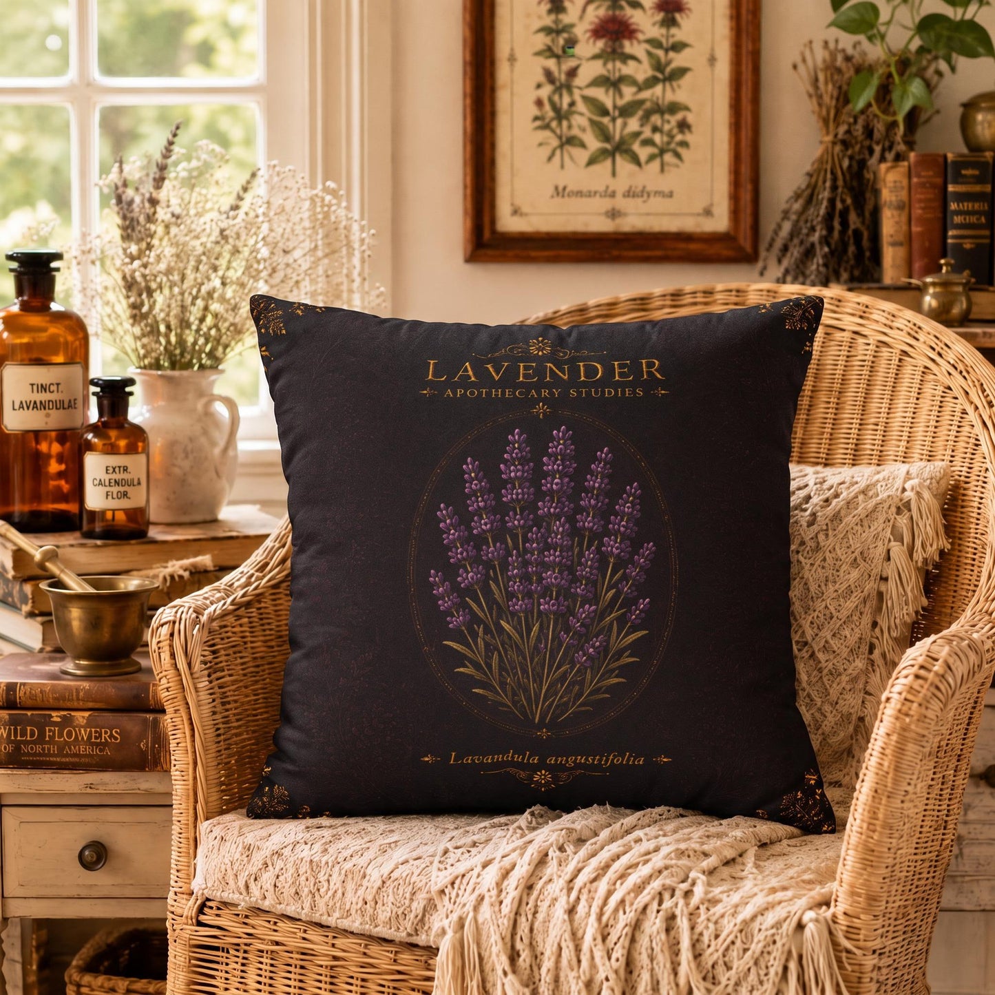 Lavender Apothecary Pillow, Botanical Throw Pillow, Cottagecore Cushion, Dark Academia Decor, Herbal Home Accent