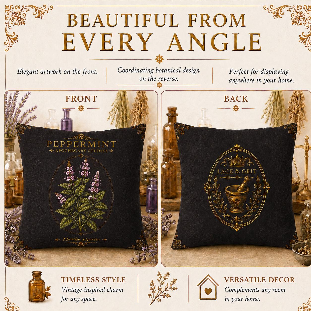 Peppermint Apothecary Pillow, Botanical Throw Pillow, Cottagecore Cushion, Dark Academia Decor, Herbal Home Accent