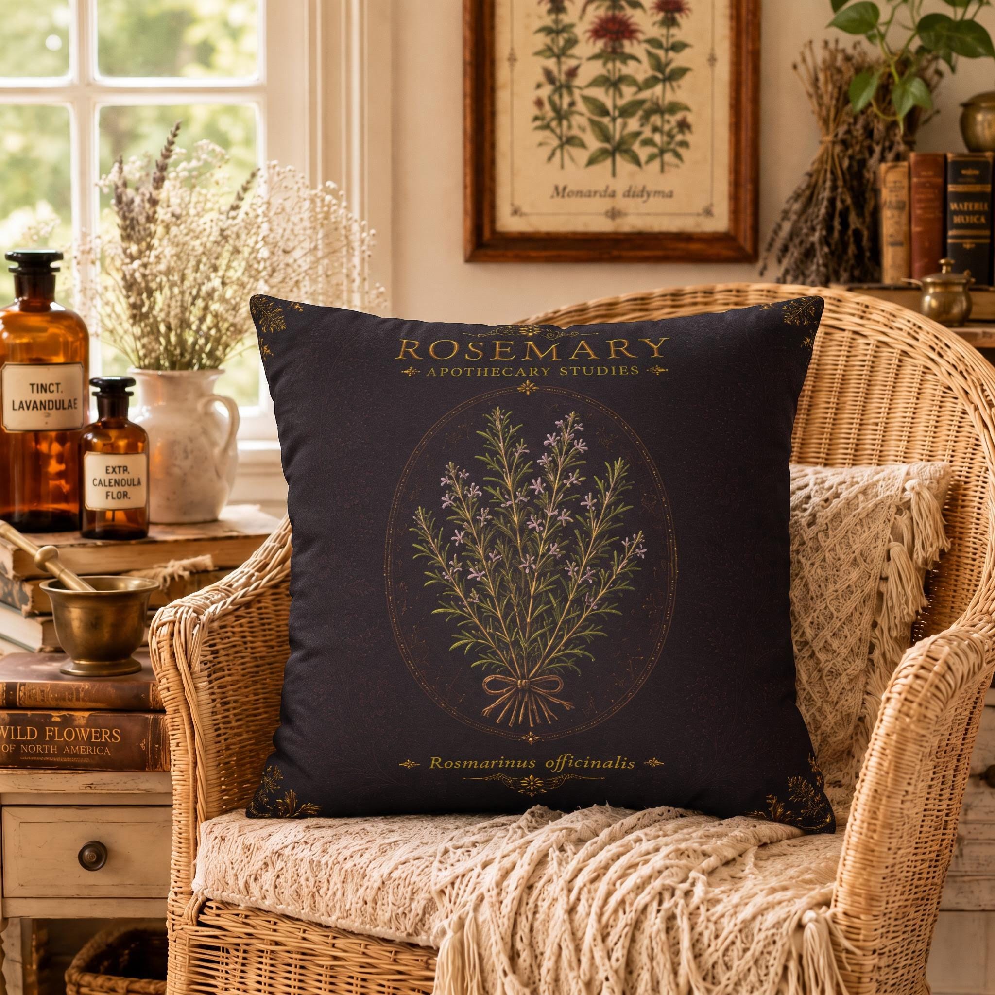 Rosemary Apothecary Pillow, Botanical Throw Pillow, Cottagecore Cushion, Dark Academia Decor, Herbal Home Accent