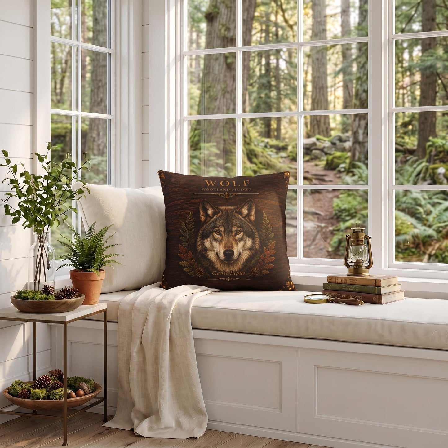 Wolf Woodland Pillow, Rustic Throw Pillow, Cabin Decor Cushion, Lodge Style Accent, Wildlife Home Decor