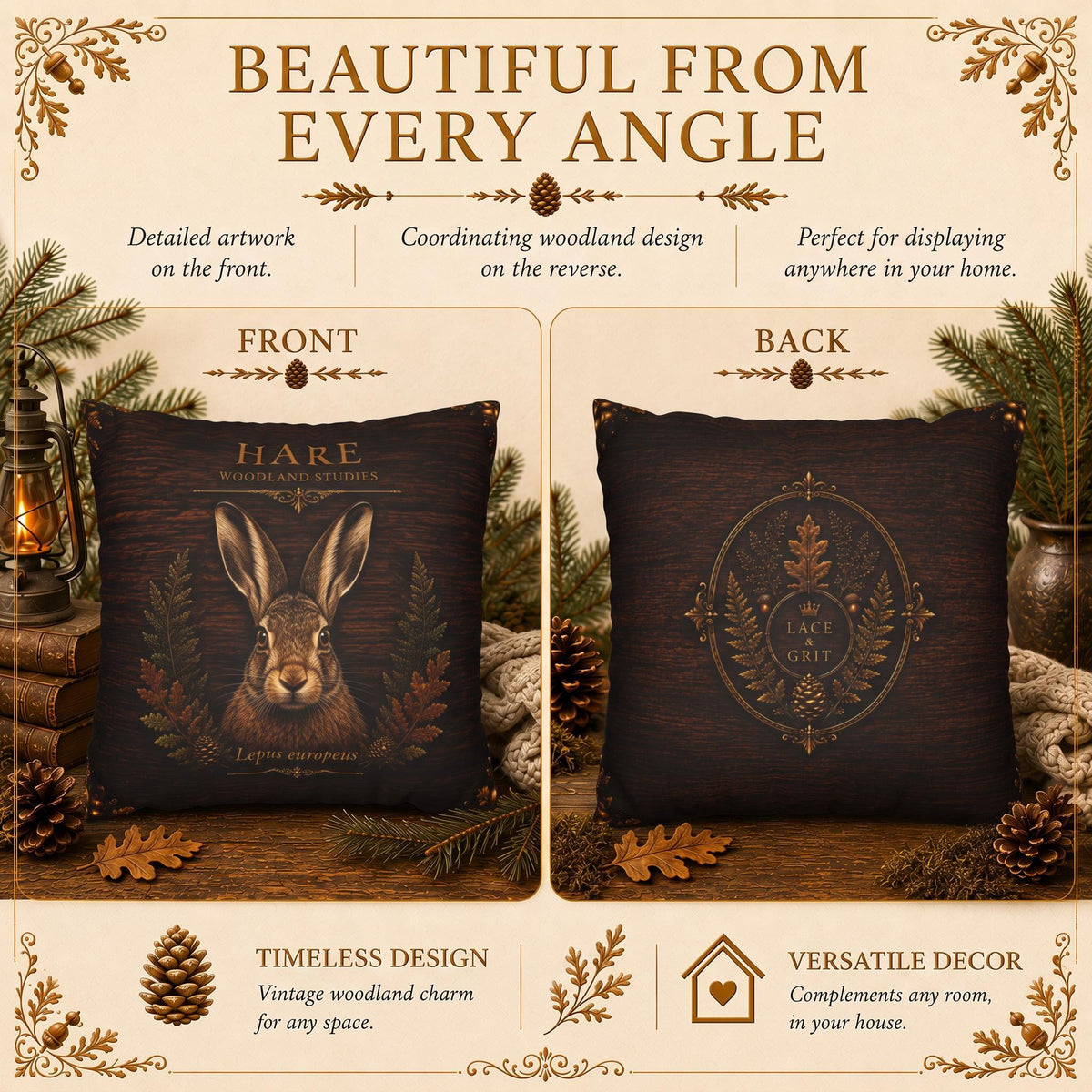 Hare Woodland Studies Faux Suede Pillow, Rustic Forest Lodge Decor (Cover or Insert)