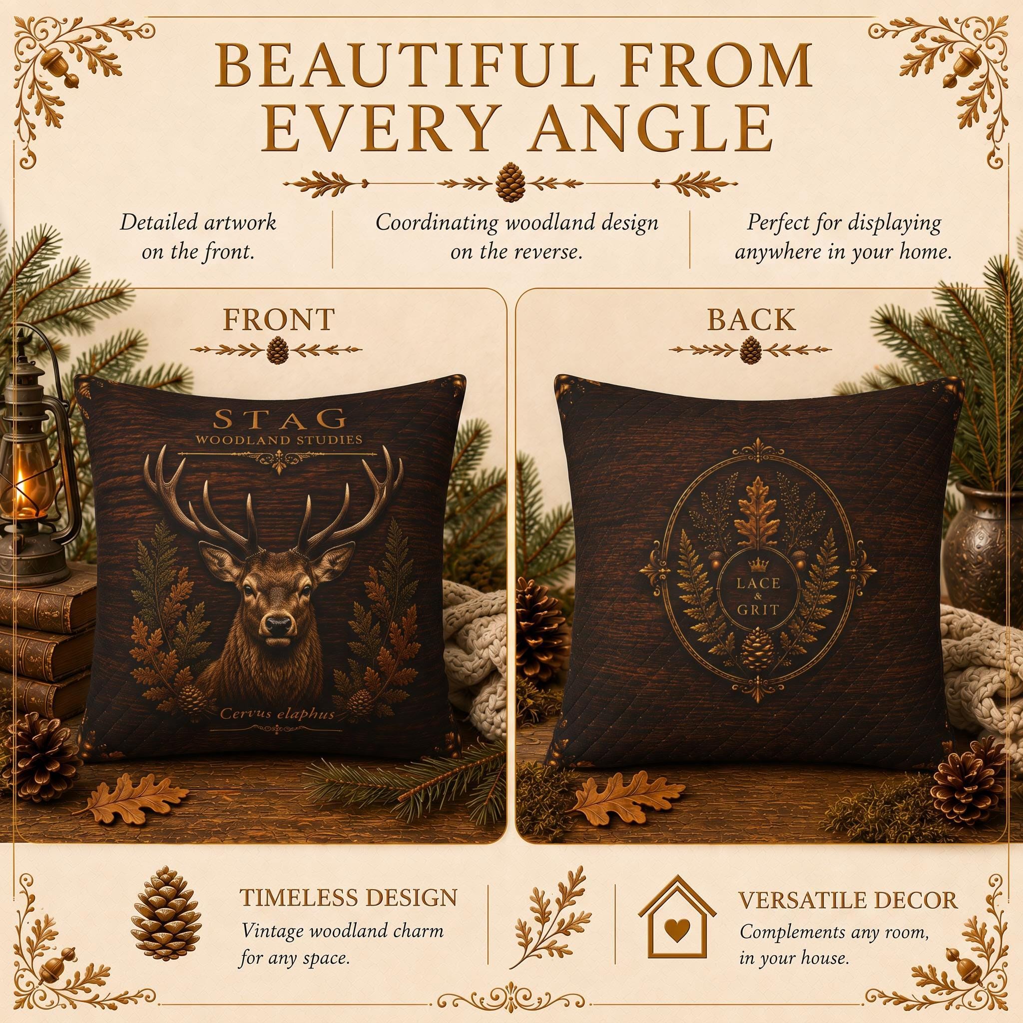 Stag Woodland Pillow, Rustic Throw Pillow, Cabin Decor Cushion, Lodge Style Accent, Wildlife Home Decor