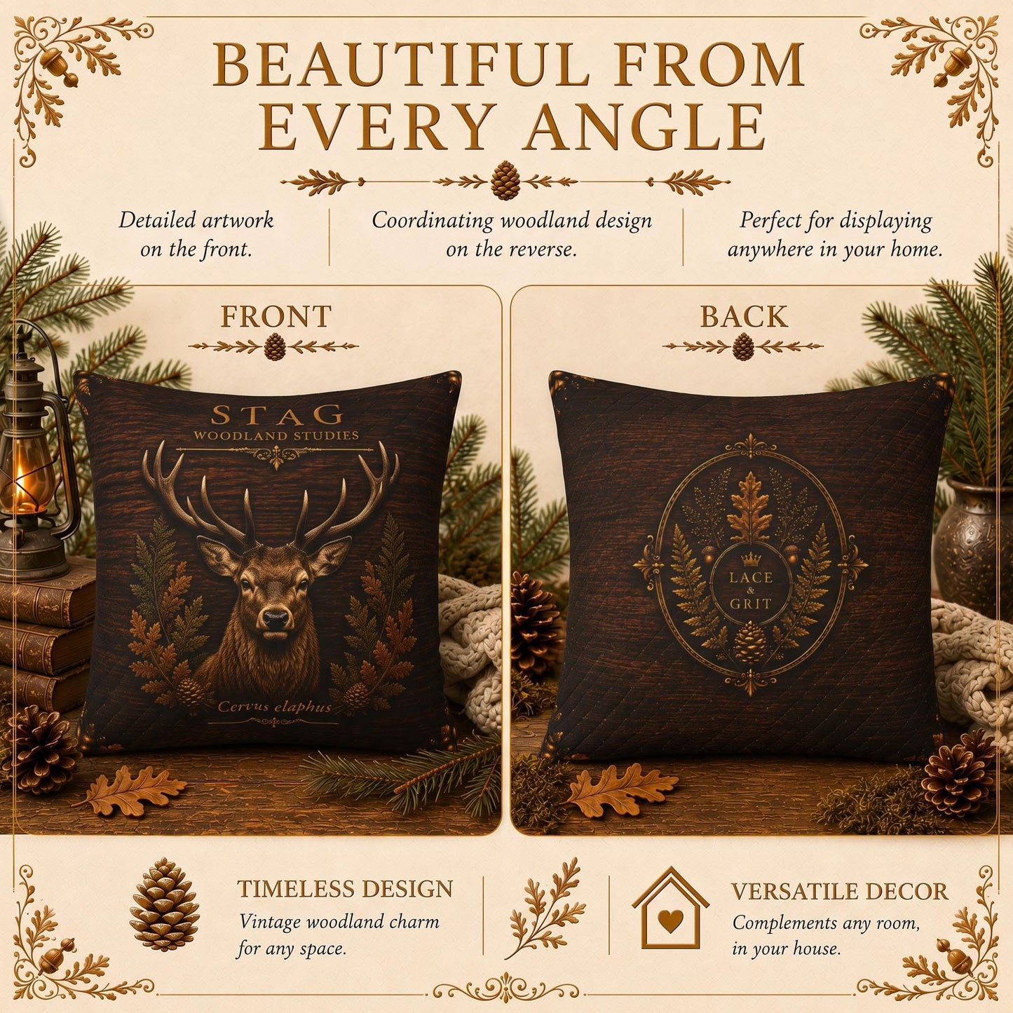 Stag Woodland Pillow, Rustic Throw Pillow, Cabin Decor Cushion, Lodge Style Accent, Wildlife Home Decor
