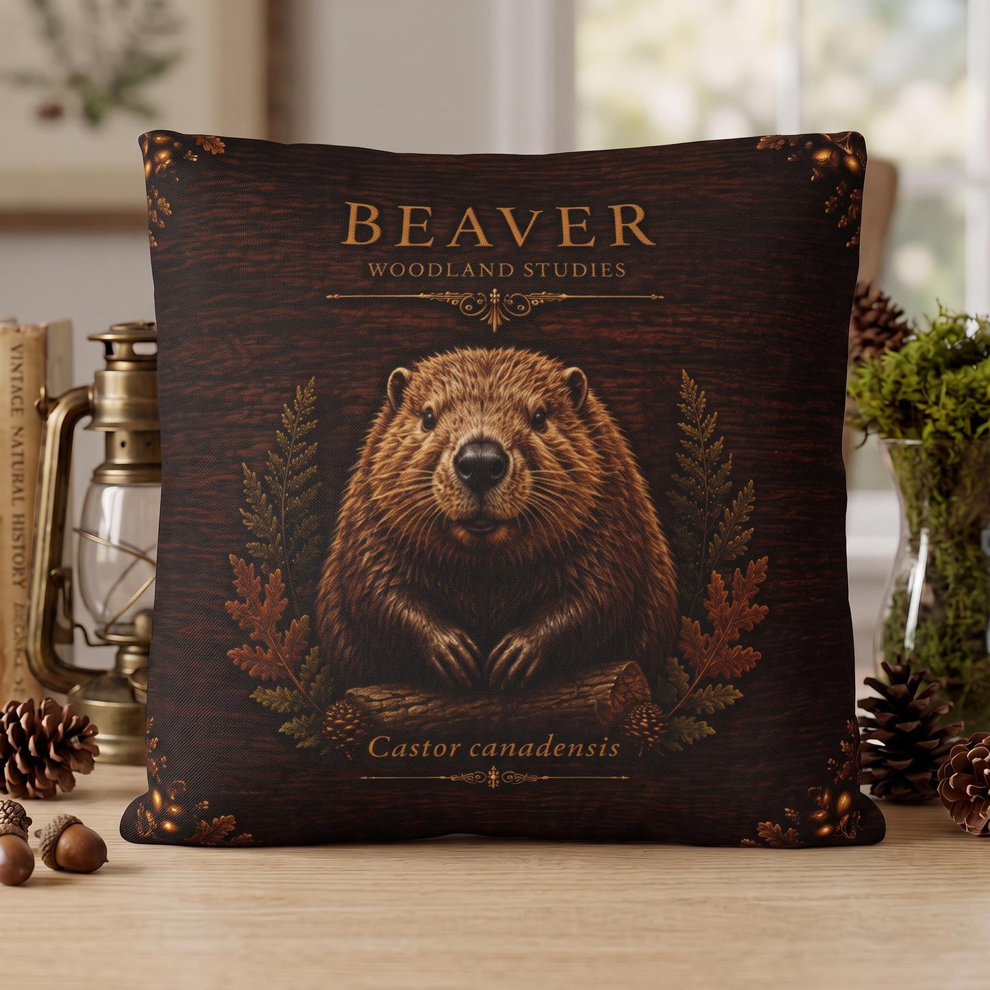 Beaver Woodland Pillow, Rustic Throw Pillow, Cabin Decor Cushion, Lodge Style Accent, Wildlife Home Decor