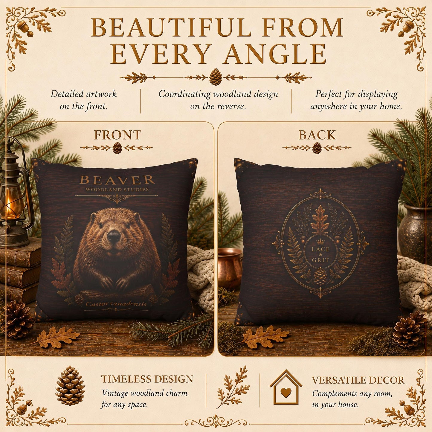 Beaver Woodland Pillow, Rustic Throw Pillow, Cabin Decor Cushion, Lodge Style Accent, Wildlife Home Decor