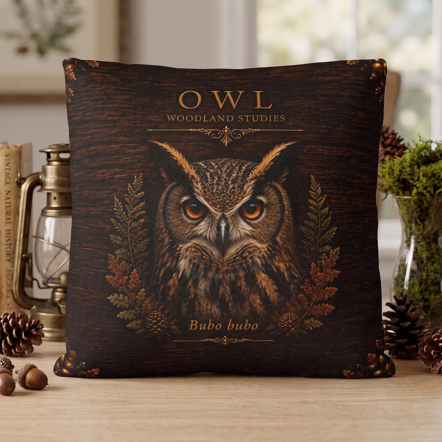 Owl Woodland Pillow, Rustic Throw Pillow, Cabin Decor Cushion, Lodge Style Accent, Wildlife Home Decor