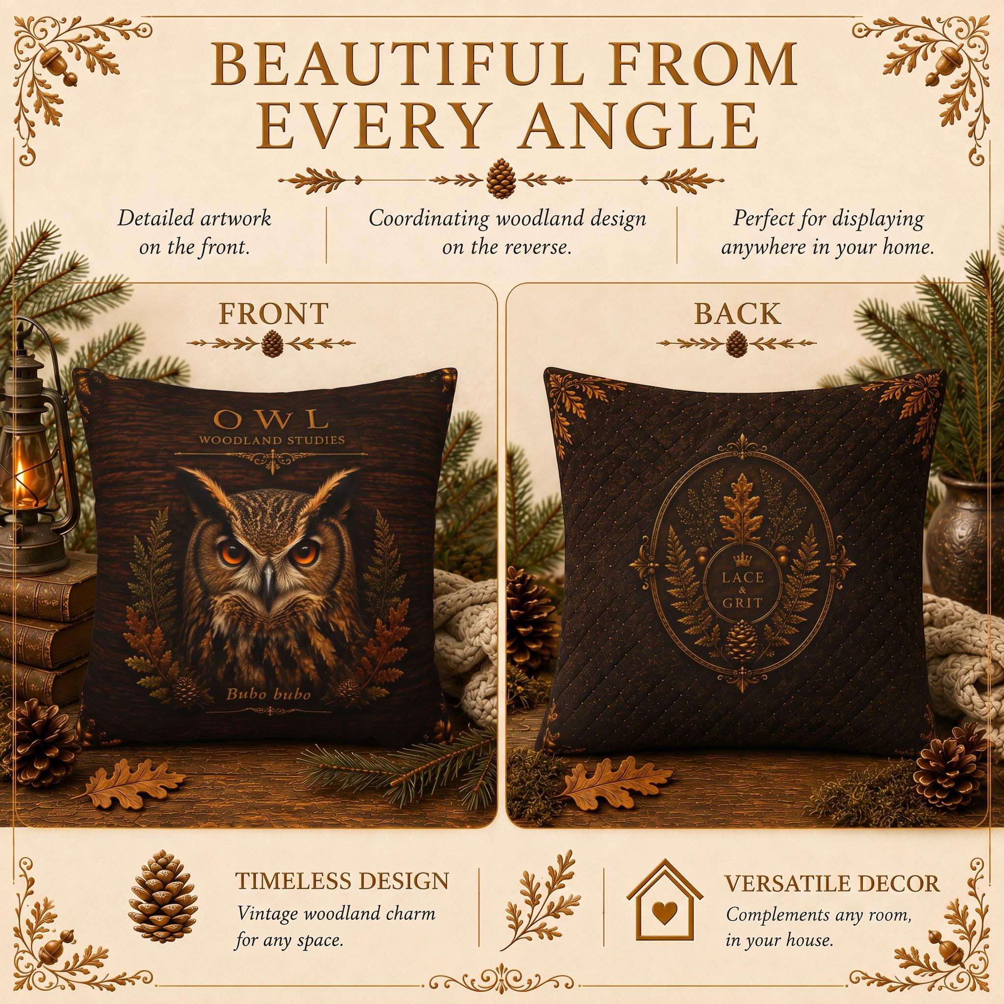 Owl Woodland Pillow, Rustic Throw Pillow, Cabin Decor Cushion, Lodge Style Accent, Wildlife Home Decor