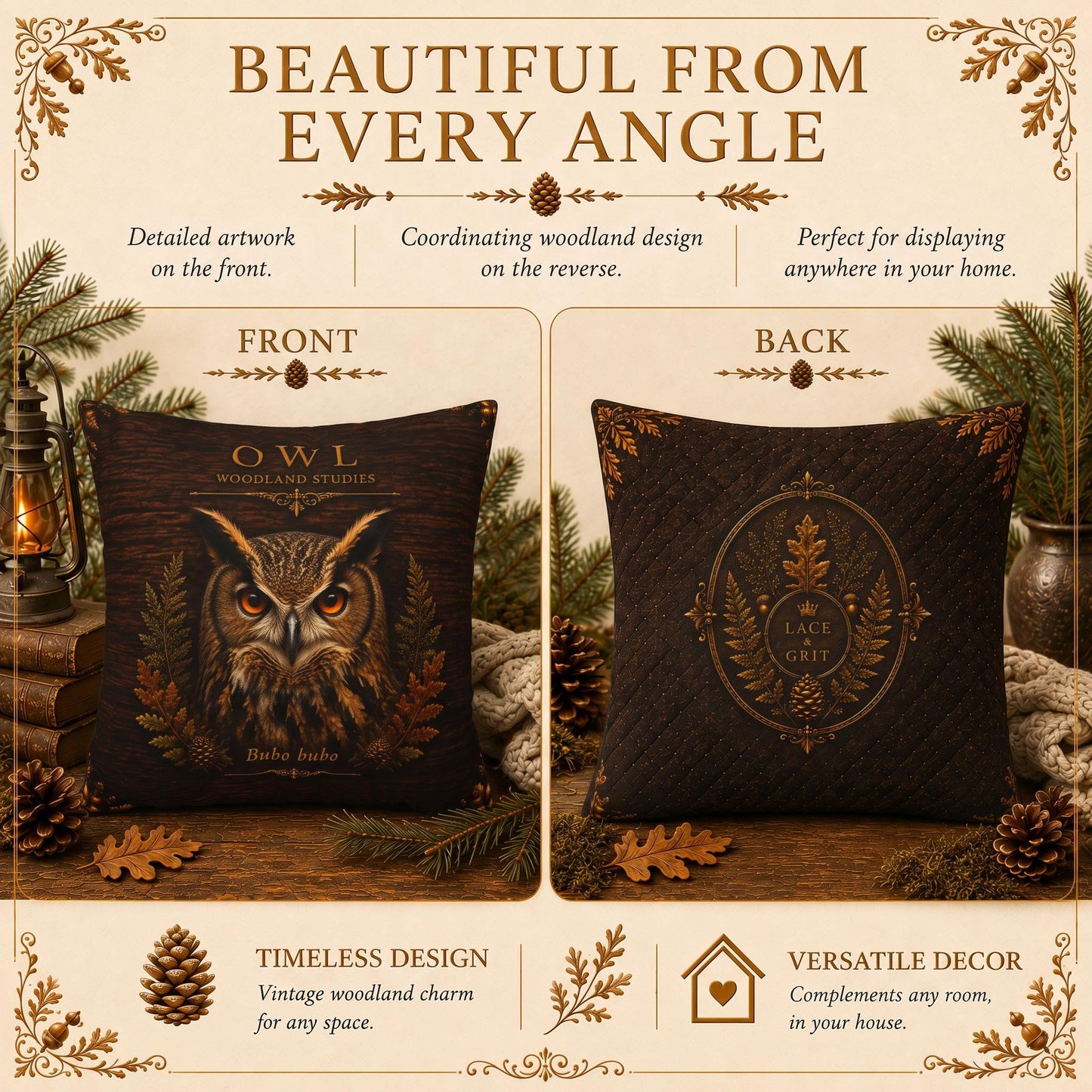 Owl Woodland Pillow, Rustic Throw Pillow, Cabin Decor Cushion, Lodge Style Accent, Wildlife Home Decor