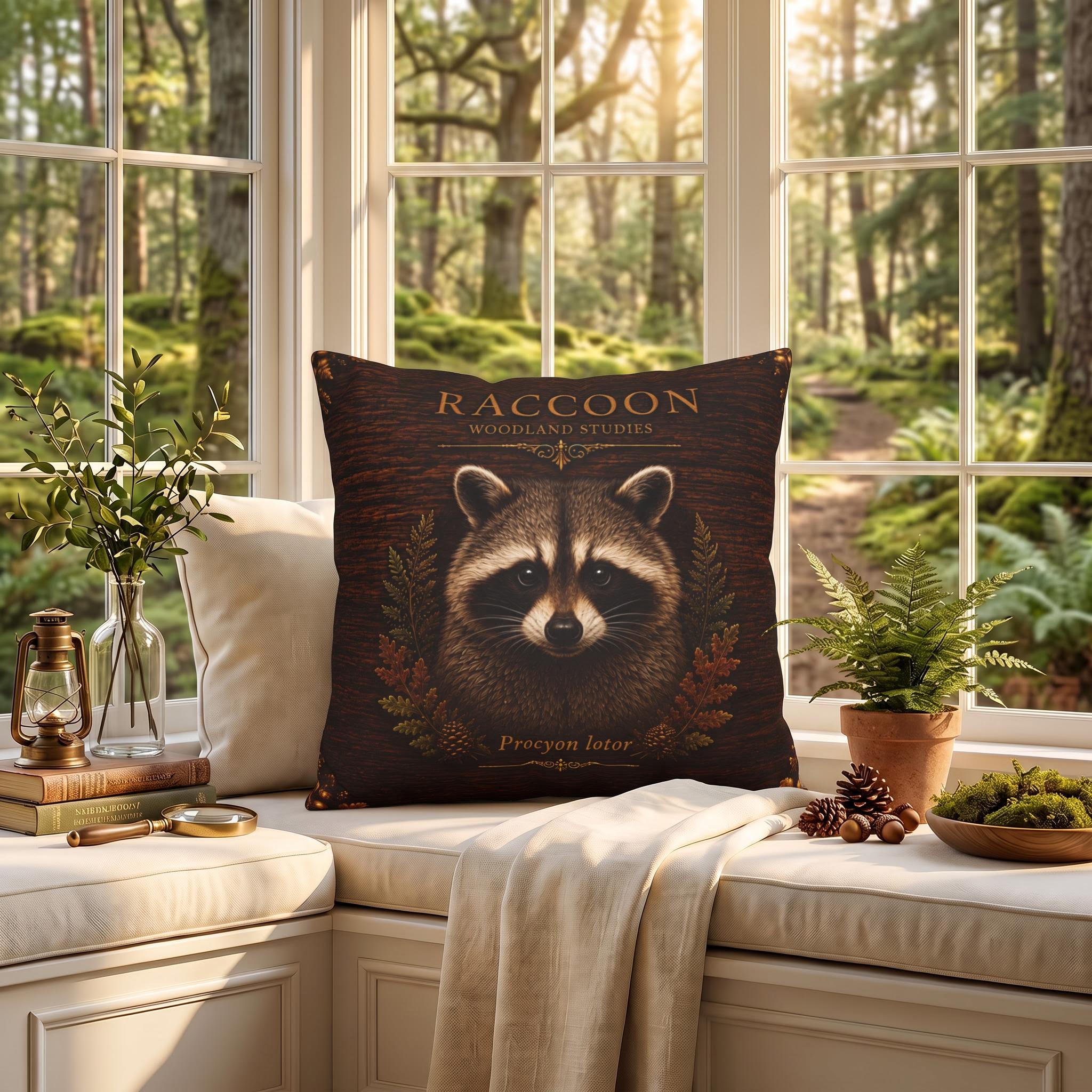 Raccoon Woodland Studies Throw Pillow, Faux Suede, Rustic Cabin Decor (Cover or Insert)
