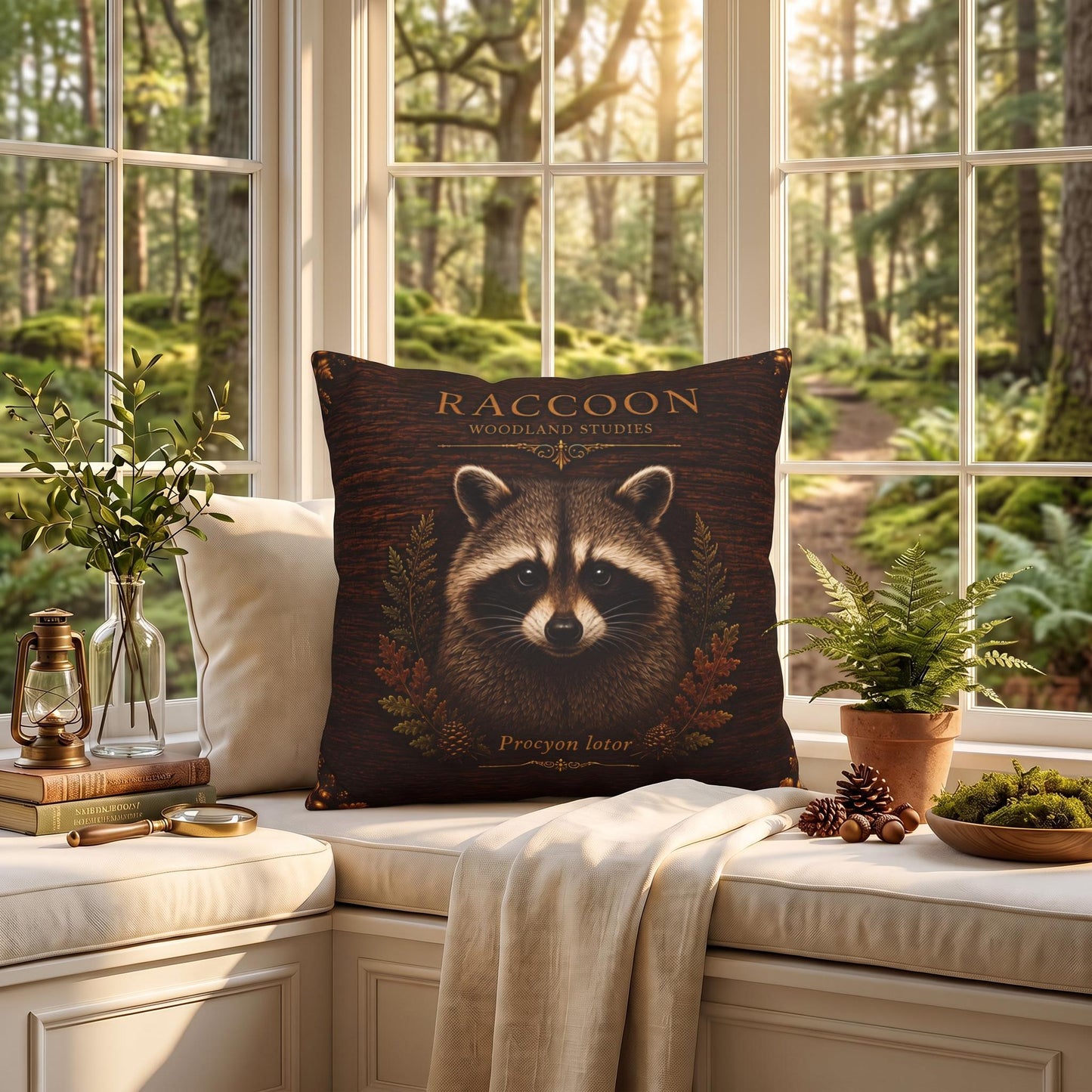 Raccoon Woodland Studies Throw Pillow, Faux Suede, Rustic Cabin Decor (Cover or Insert)