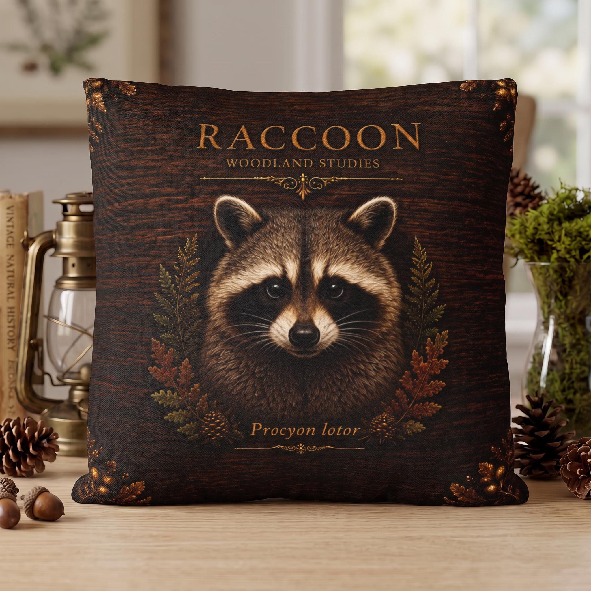 Raccoon Woodland Studies Throw Pillow, Faux Suede, Rustic Cabin Decor (Cover or Insert)