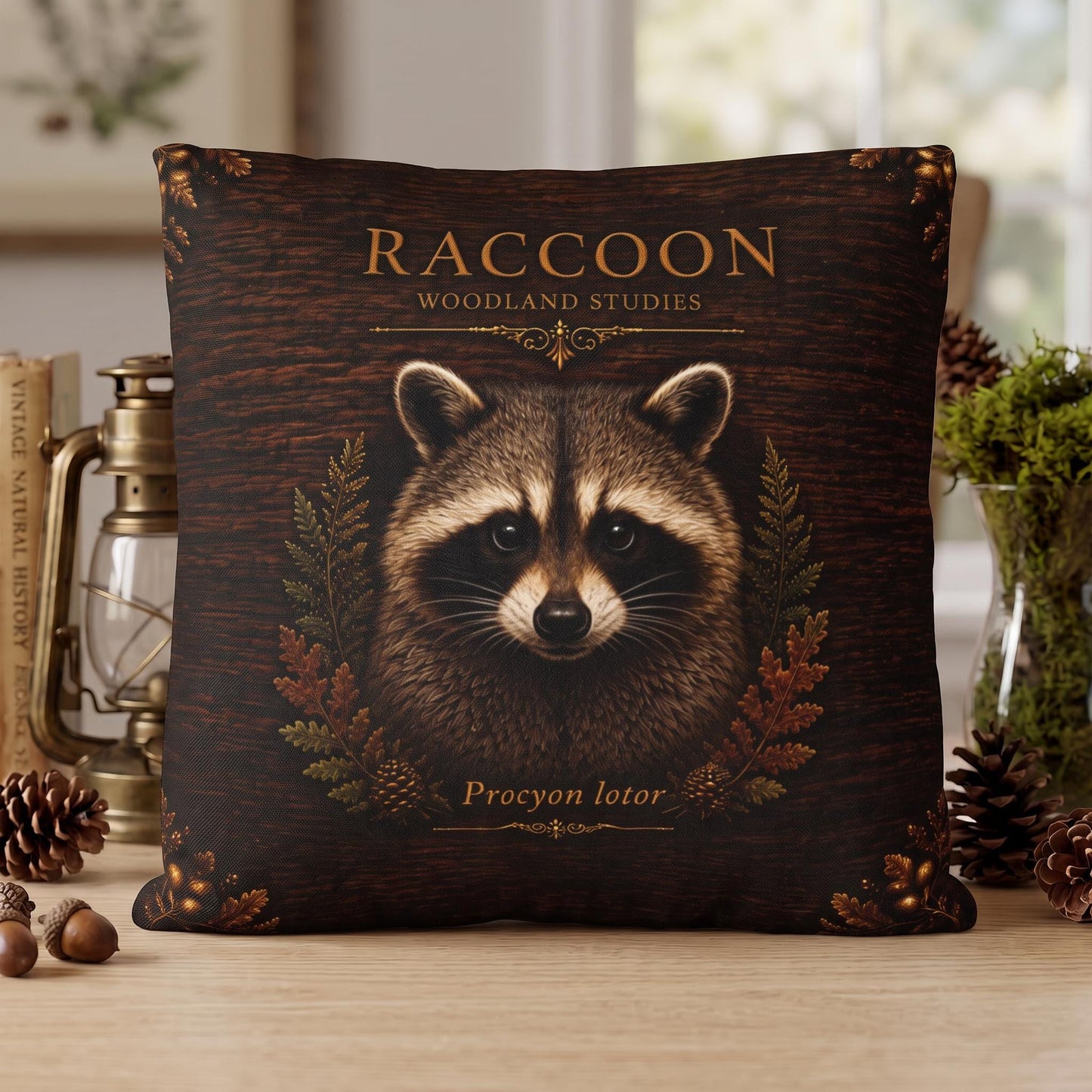 Raccoon Woodland Studies Throw Pillow, Faux Suede, Rustic Cabin Decor (Cover or Insert)