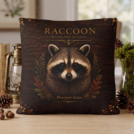 Raccoon Woodland Studies Throw Pillow, Faux Suede, Rustic Cabin Decor (Cover or Insert)
