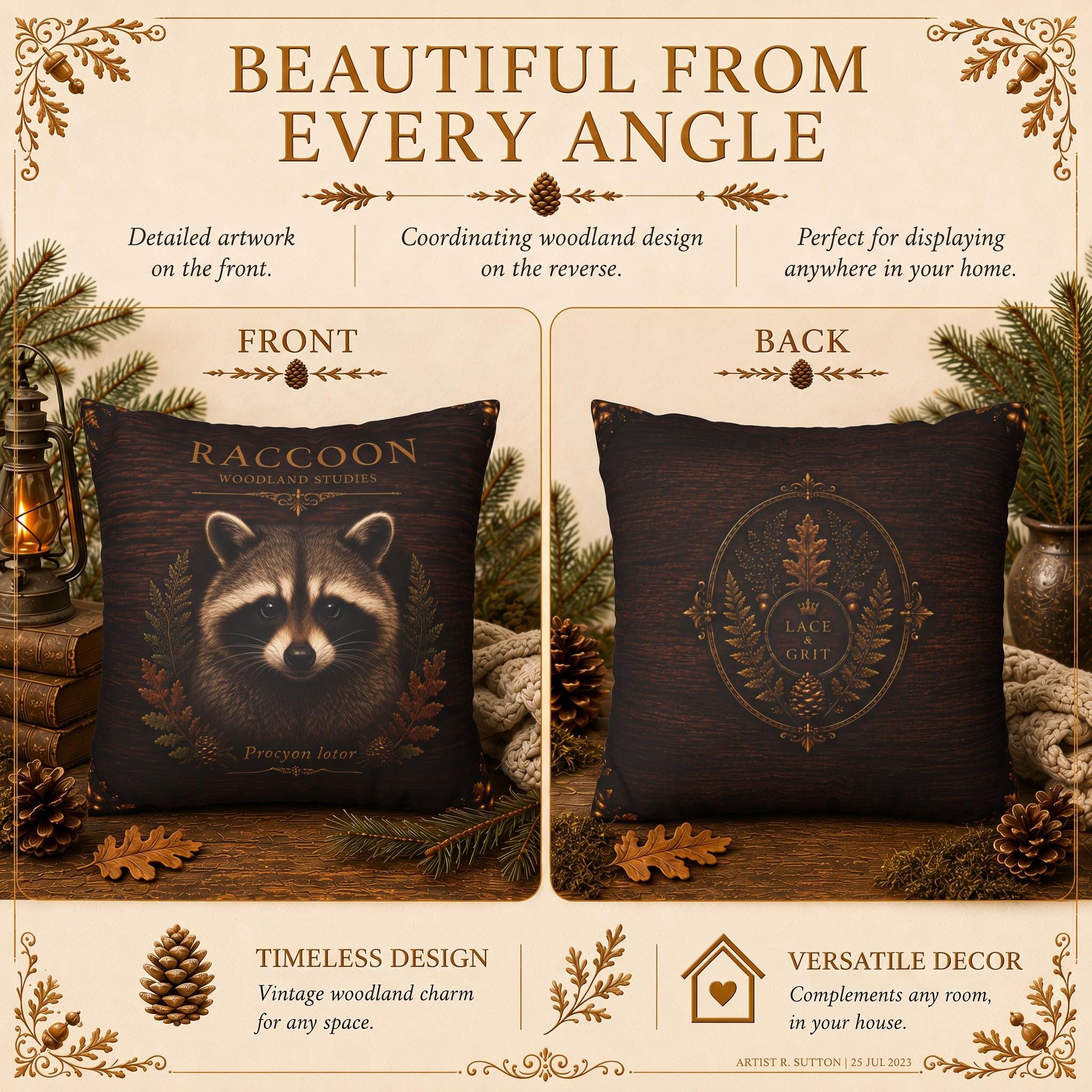 Raccoon Woodland Studies Throw Pillow, Faux Suede, Rustic Cabin Decor (Cover or Insert)