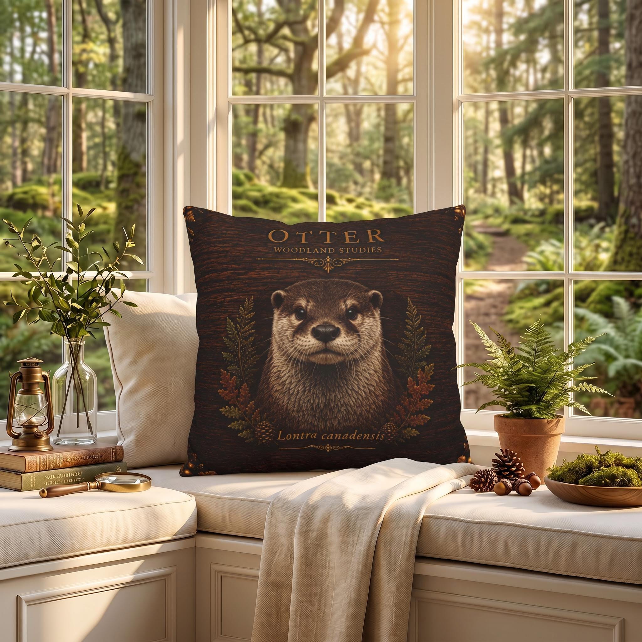 Otter Woodland Studies Pillow, Faux Suede Cabin Decor, Nature Lover Accent (Cover or Insert)