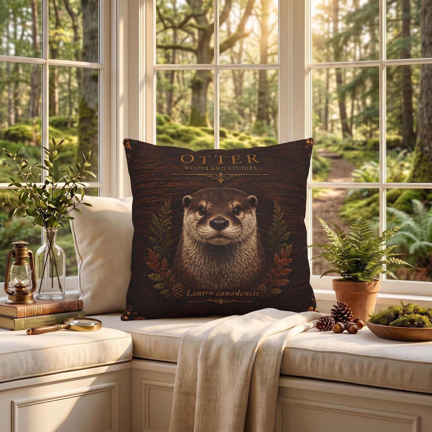 Otter Woodland Studies Pillow, Faux Suede Cabin Decor, Nature Lover Accent (Cover or Insert)