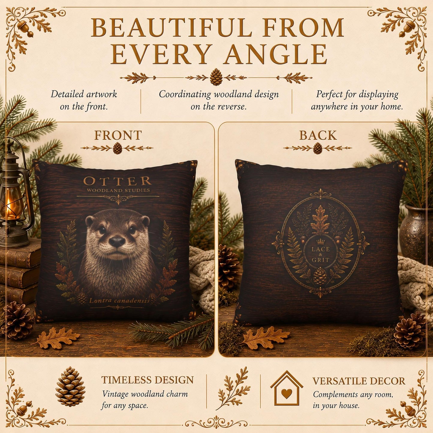Otter Woodland Studies Pillow, Faux Suede Cabin Decor, Nature Lover Accent (Cover or Insert)