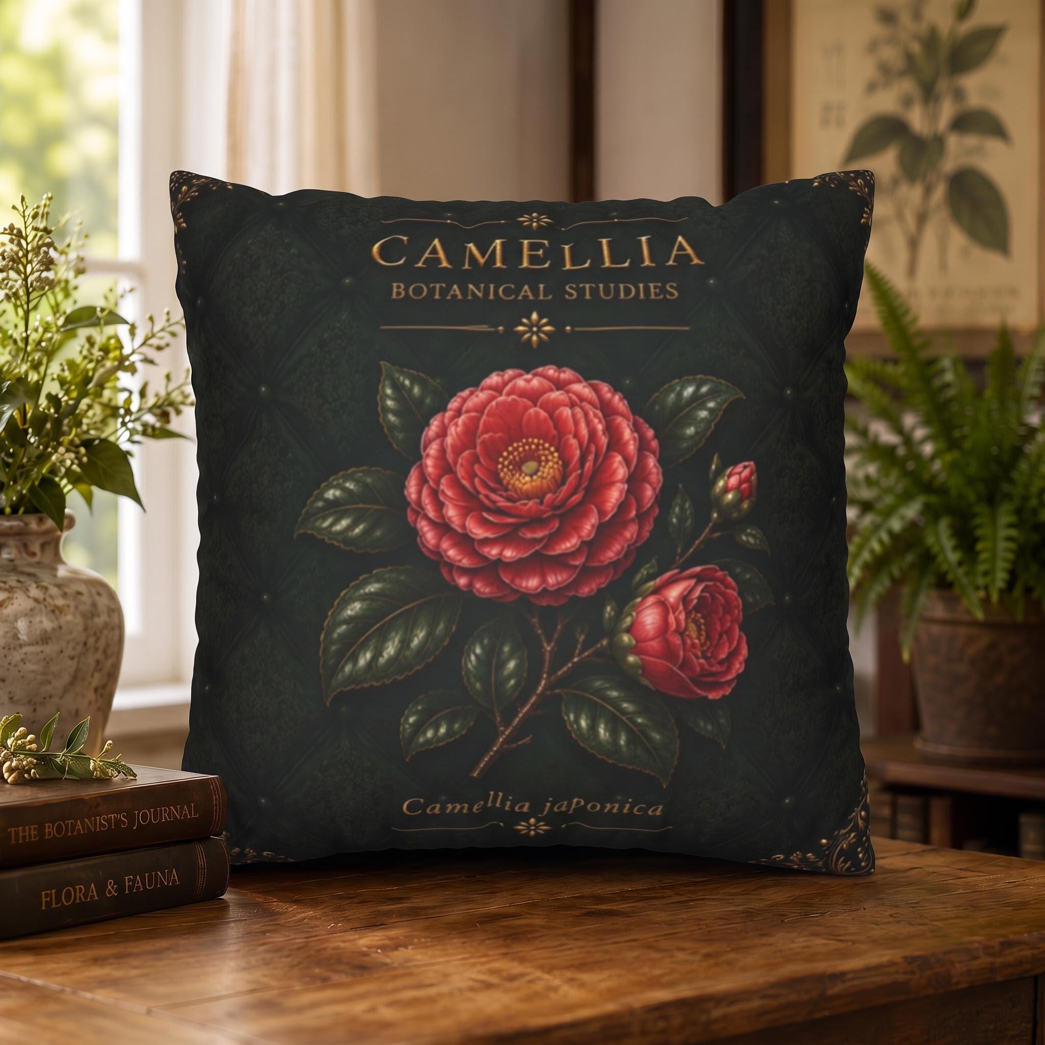 Camellia Botanical Pillow, Vintage Floral Throw Pillow, Cottagecore Cushion, Garden Decor, Botanical Home Accent