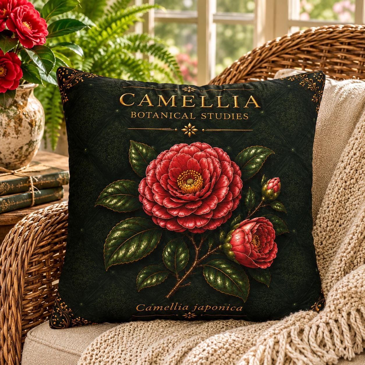 Camellia Botanical Pillow, Vintage Floral Throw Pillow, Cottagecore Cushion, Garden Decor, Botanical Home Accent