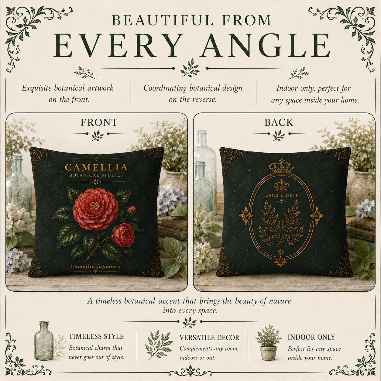 Camellia Botanical Pillow, Vintage Floral Throw Pillow, Cottagecore Cushion, Garden Decor, Botanical Home Accent