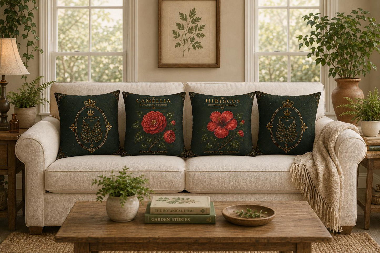 Camellia Botanical Pillow, Vintage Floral Throw Pillow, Cottagecore Cushion, Garden Decor, Botanical Home Accent