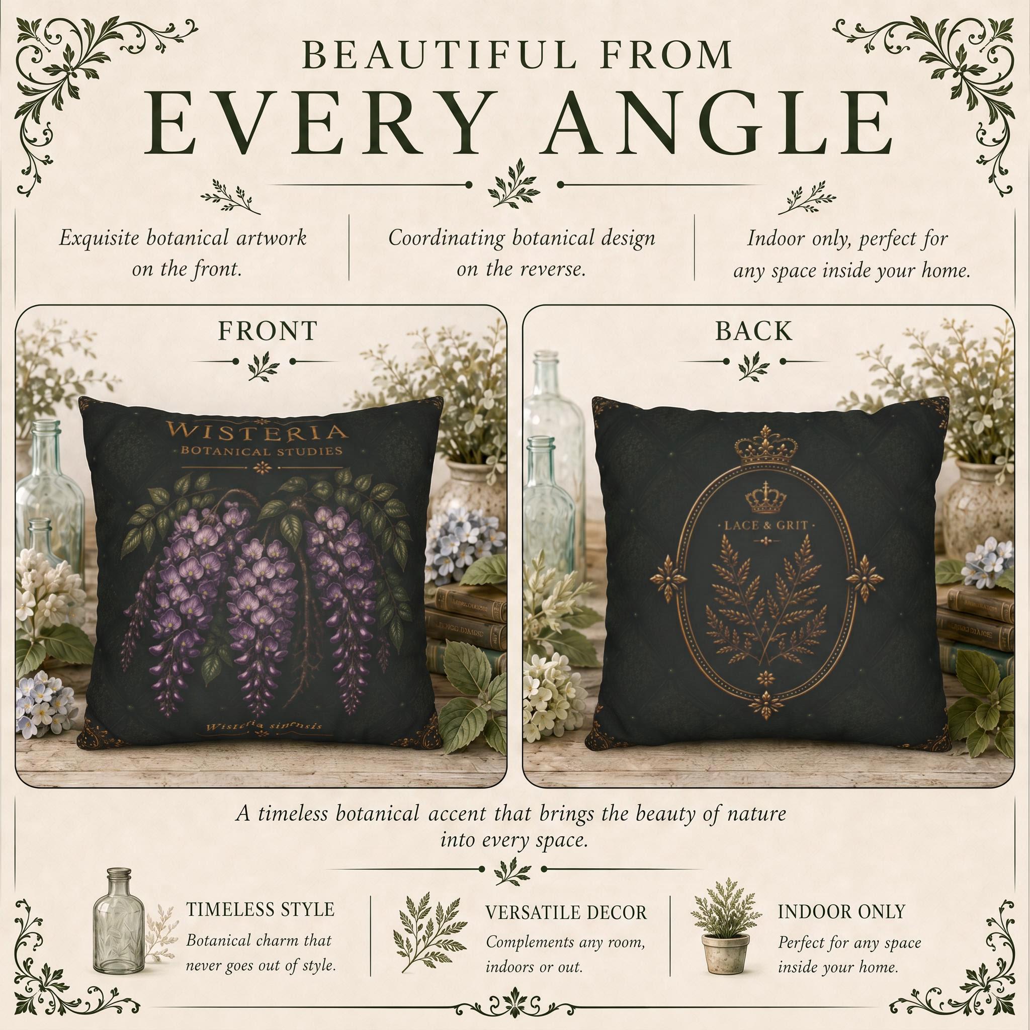 Wisteria Botanical Pillow, Vintage Floral Throw Pillow, Cottagecore Cushion, English Garden Decor, Botanical Home Accent