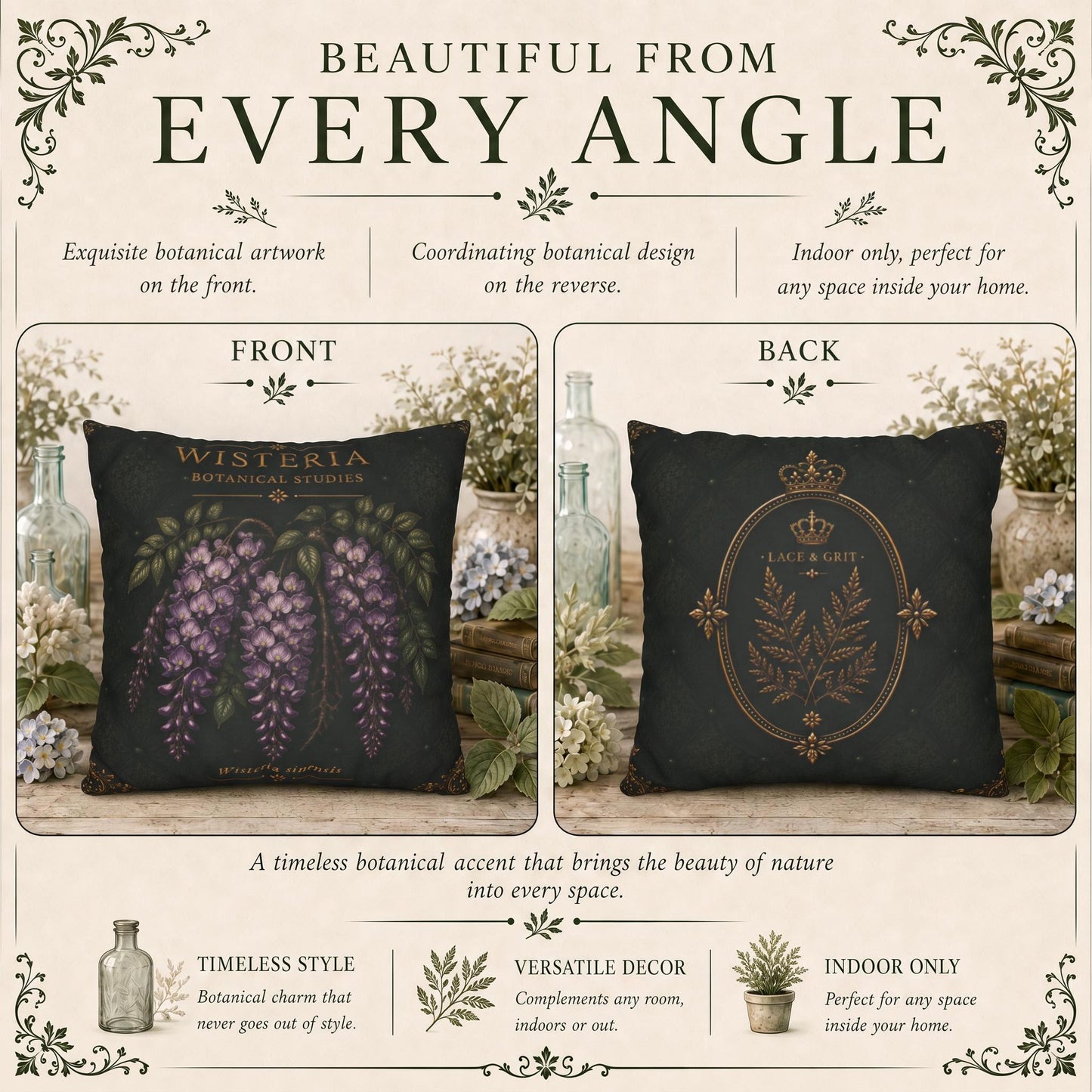 Wisteria Botanical Pillow, Vintage Floral Throw Pillow, Cottagecore Cushion, English Garden Decor, Botanical Home Accent