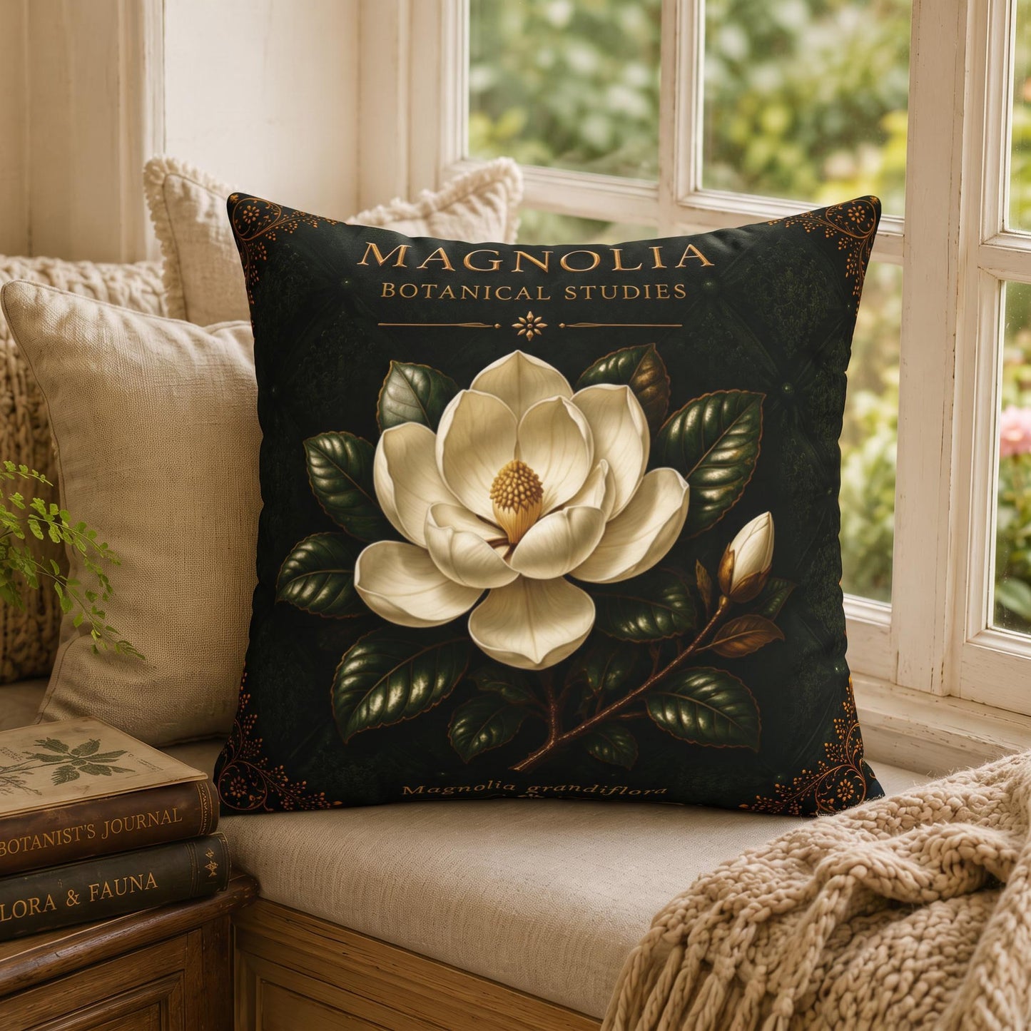 Magnolia Botanical Pillow, Vintage Floral Throw Pillow, Cottagecore Cushion, Southern Garden Decor, Botanical Home Accent