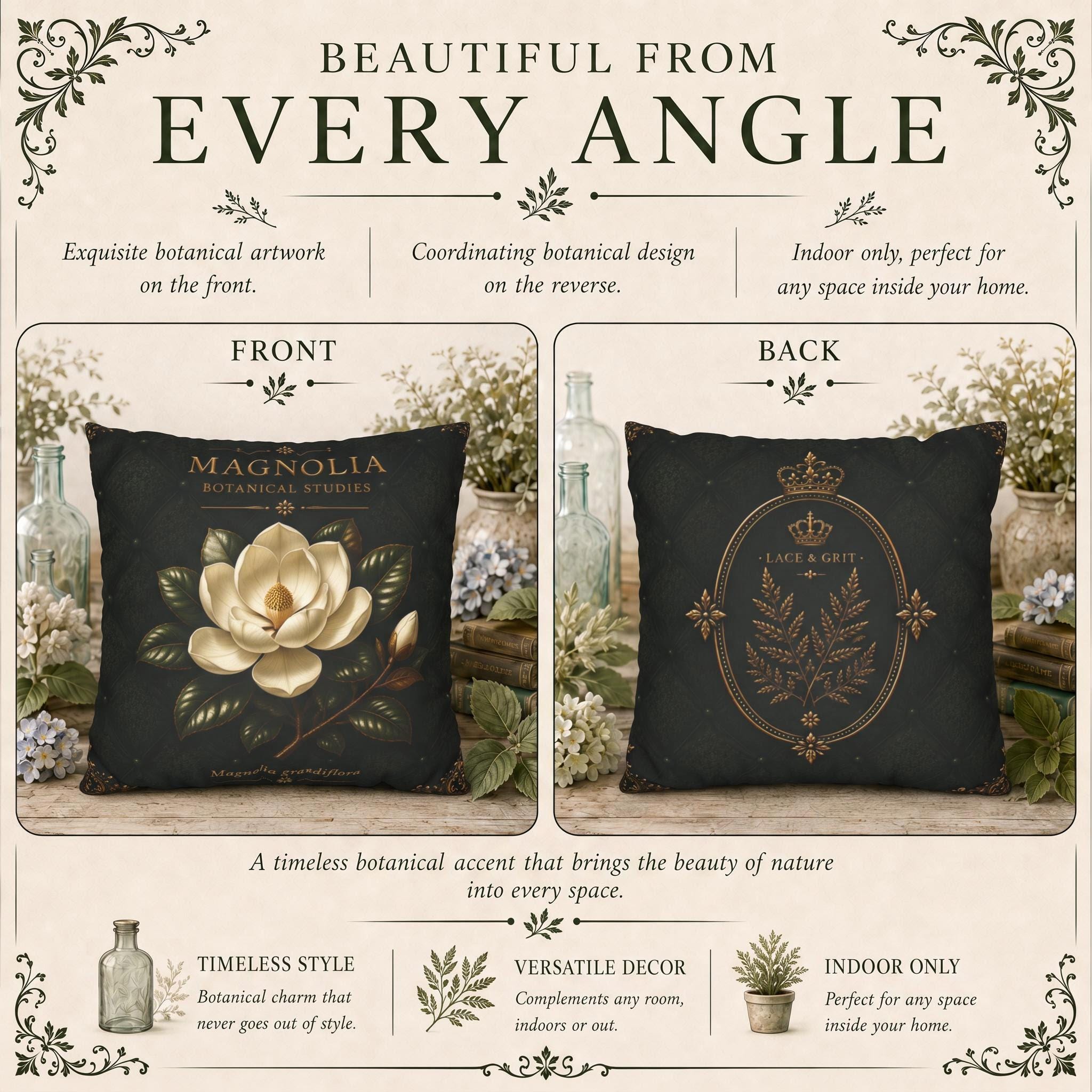Magnolia Botanical Pillow, Vintage Floral Throw Pillow, Cottagecore Cushion, Southern Garden Decor, Botanical Home Accent