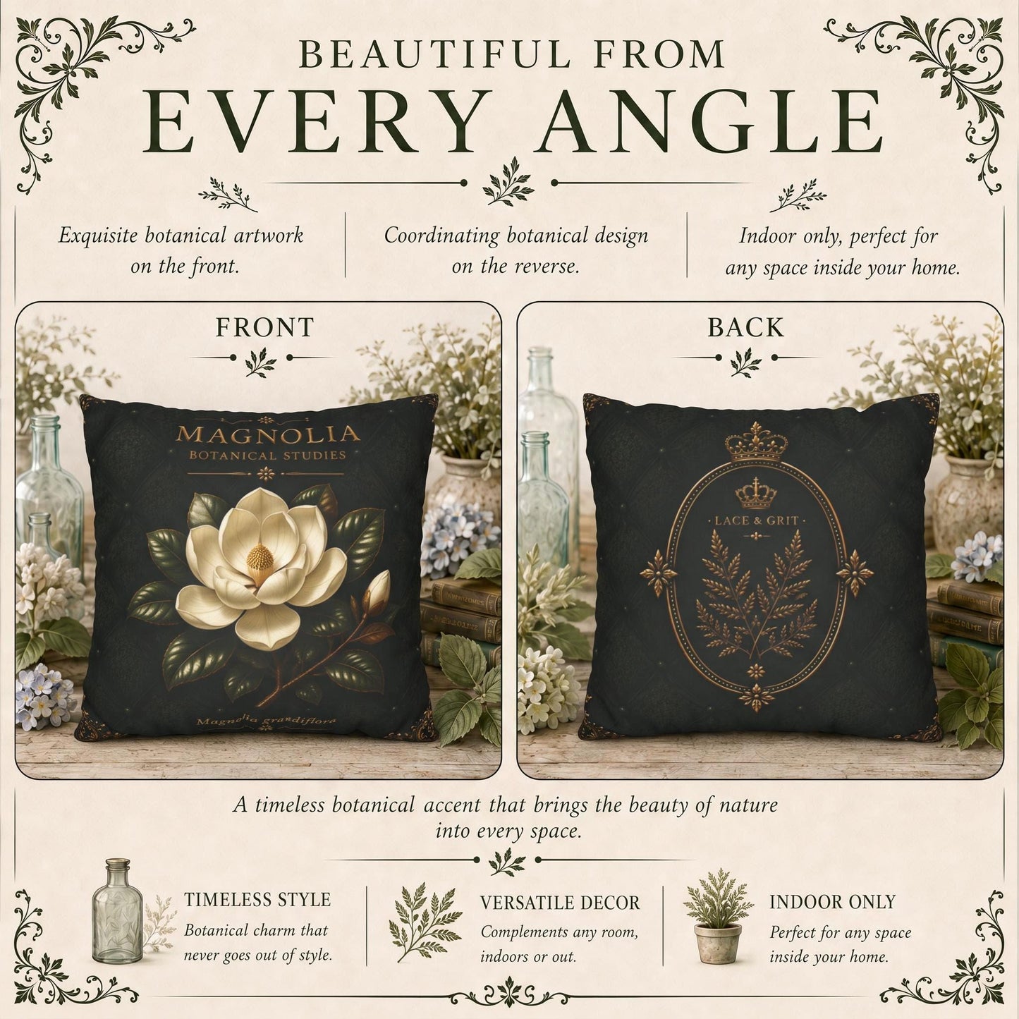 Magnolia Botanical Pillow, Vintage Floral Throw Pillow, Cottagecore Cushion, Southern Garden Decor, Botanical Home Accent