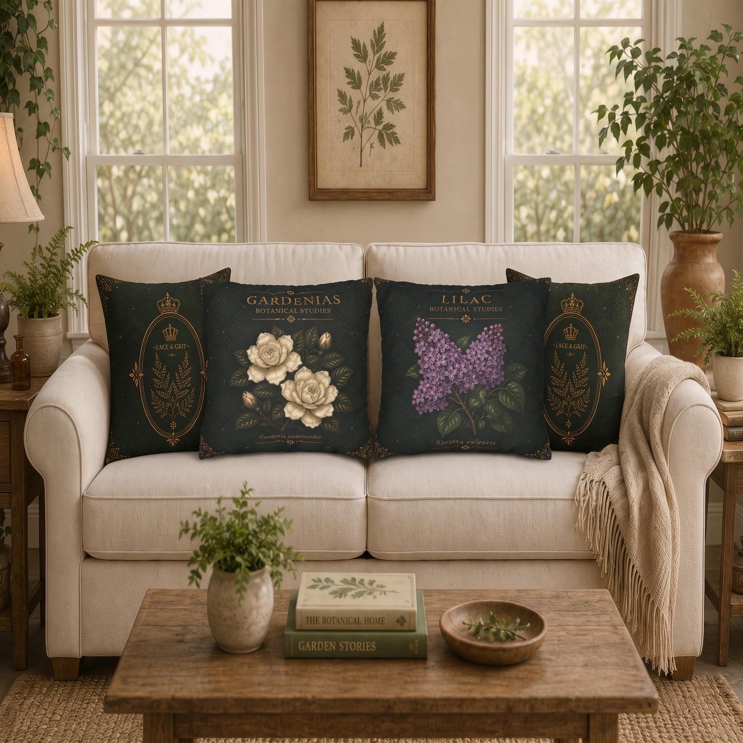 Lilac Botanical Pillow, Vintage Floral Throw Pillow, Cottagecore Cushion, English Garden Decor, Botanical Home Accent