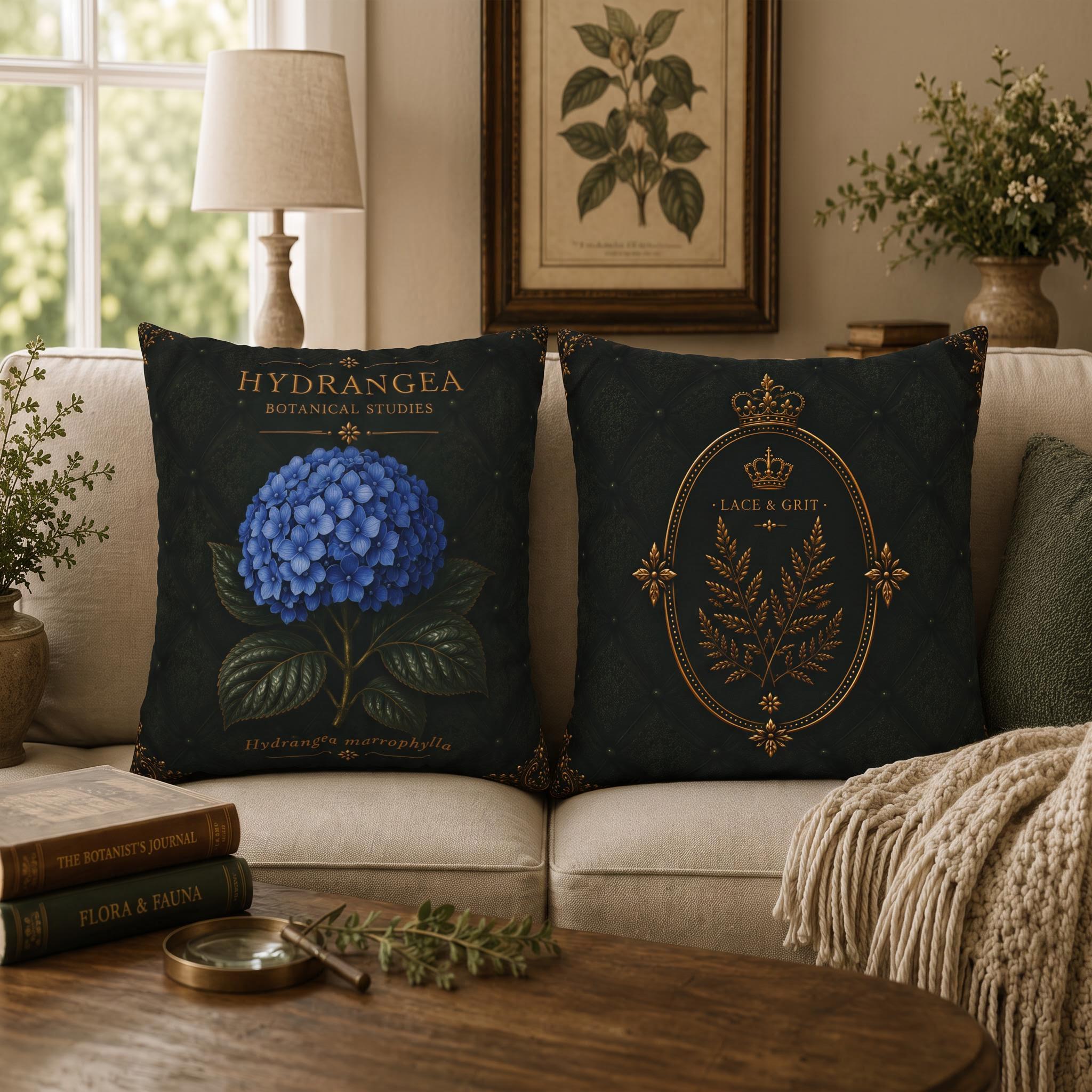 Blue Hydrangea Botanical Pillow, Vintage Floral Throw Pillow, Cottagecore Cushion, Garden Decor, Botanical Home Accent