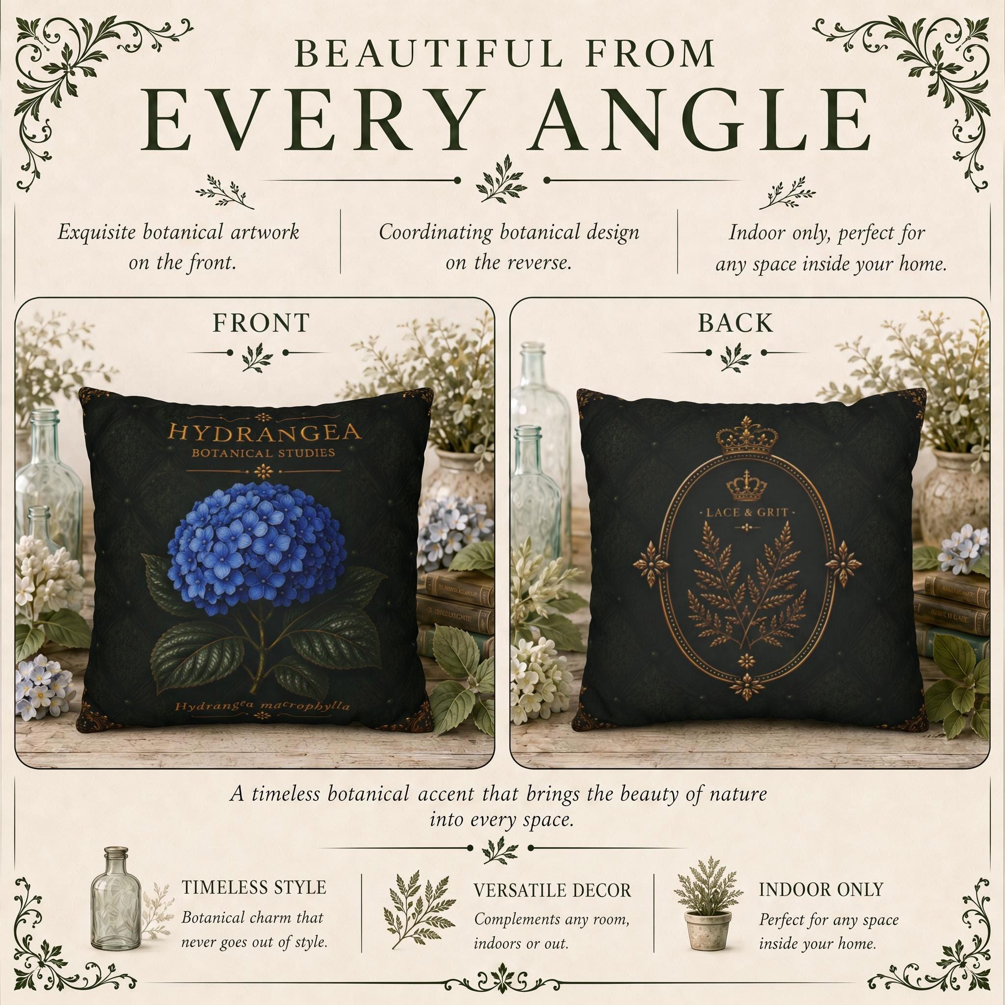 Blue Hydrangea Botanical Pillow, Vintage Floral Throw Pillow, Cottagecore Cushion, Garden Decor, Botanical Home Accent